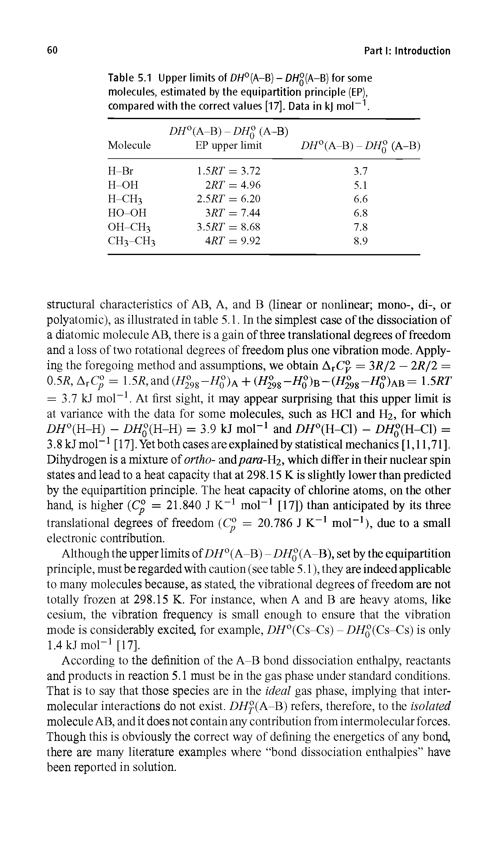 Table 5.1 Upper limits of DH°(A-B) - DHq(A-B) for some molecules, estimated by the equipartition principle (EP), compared with the correct values [17]. Data in kj mol-1.