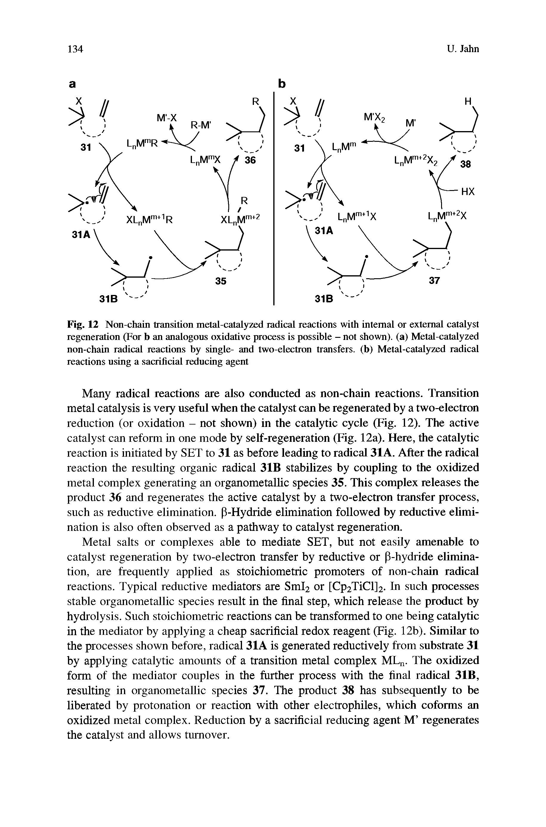 Fig. 12 Non-chain transition metal-catalyzed radical reactions with internal or external catalyst regeneration (For b an analogous oxidative process is possible - not shown), (a) Metal-catalyzed non-chain radical reactions by single- and two-electron transfers, (b) Metal-catalyzed radical reactions using a sacrificial reducing agent...