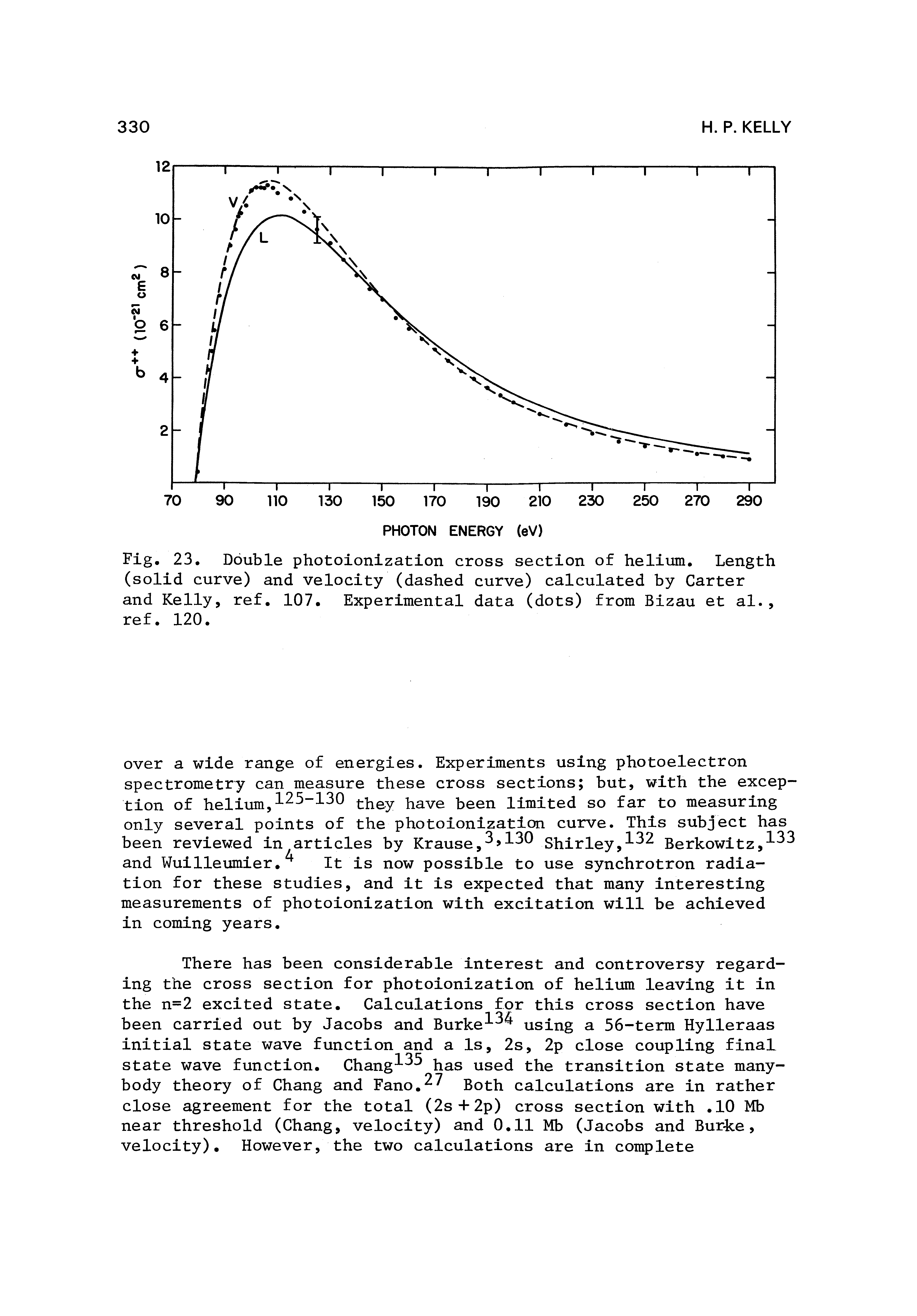 Fig. 23. Double photoionization cross section of helium. Length (solid curve) and velocity (dashed curve) calculated by Carter and Kelly, ref. 107. Experimental data (dots) from Bizau et al., ref. 120.