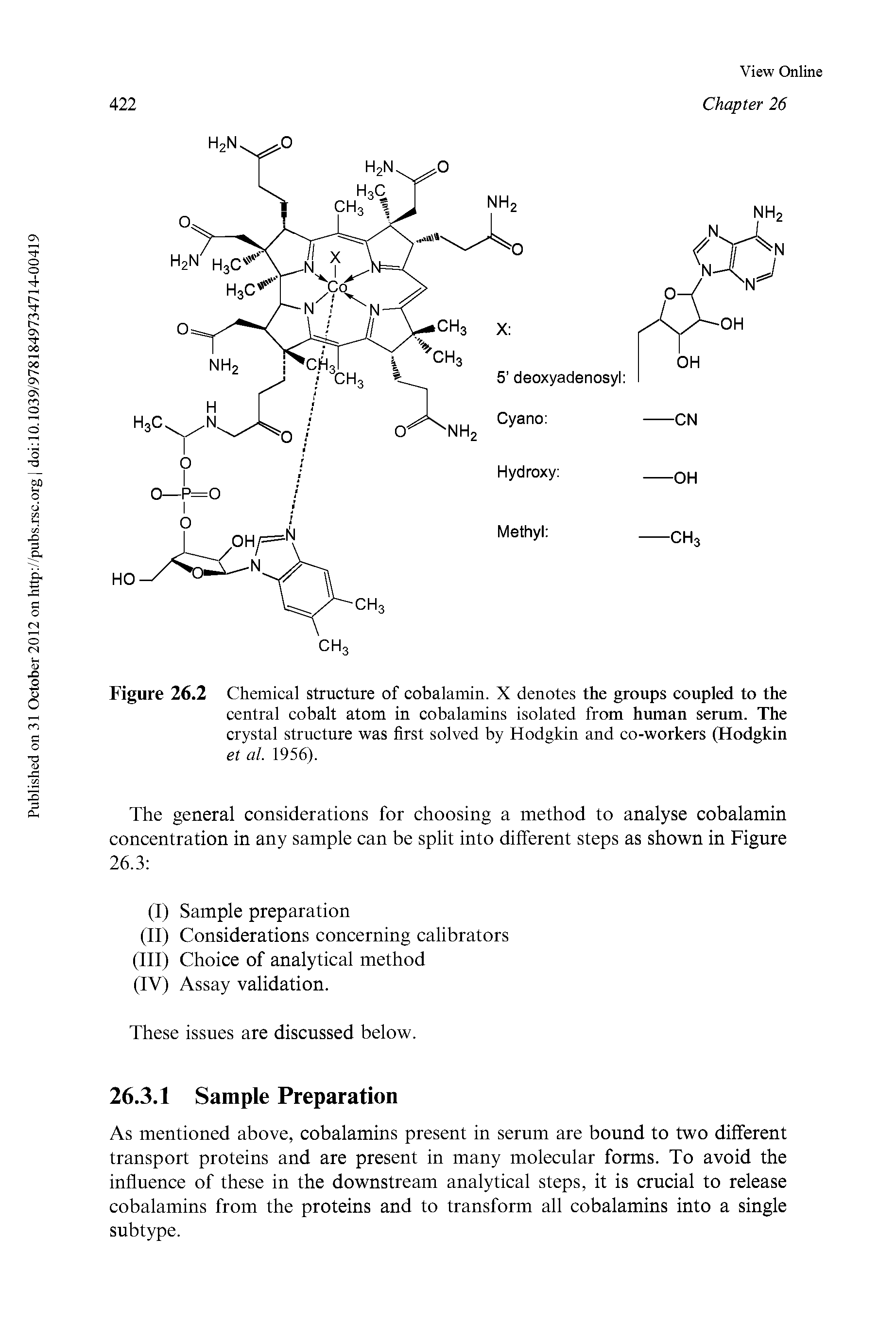 Figure 26.2 Chemical structure of cobalamin. X denotes the groups coupled to the central cobalt atom in cobalamins isolated from human serum. The crystal structure was first solved by Hodgkin and co-workers (Hodgkin et al. 1956).