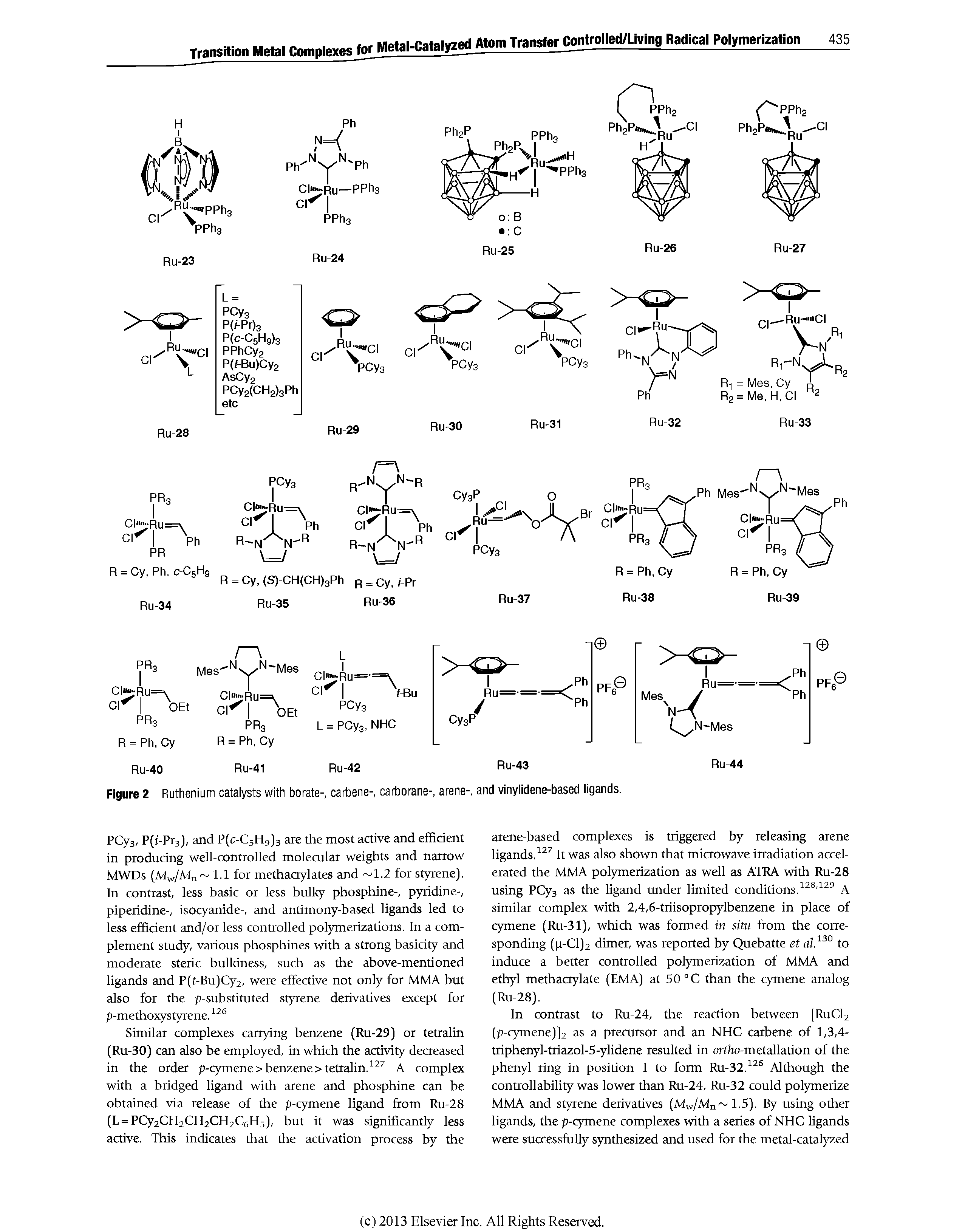 Figure 2 Ruthenium catalysts with borate-, carbene-, carborane-, arena-, and vinylidene-based ligands.