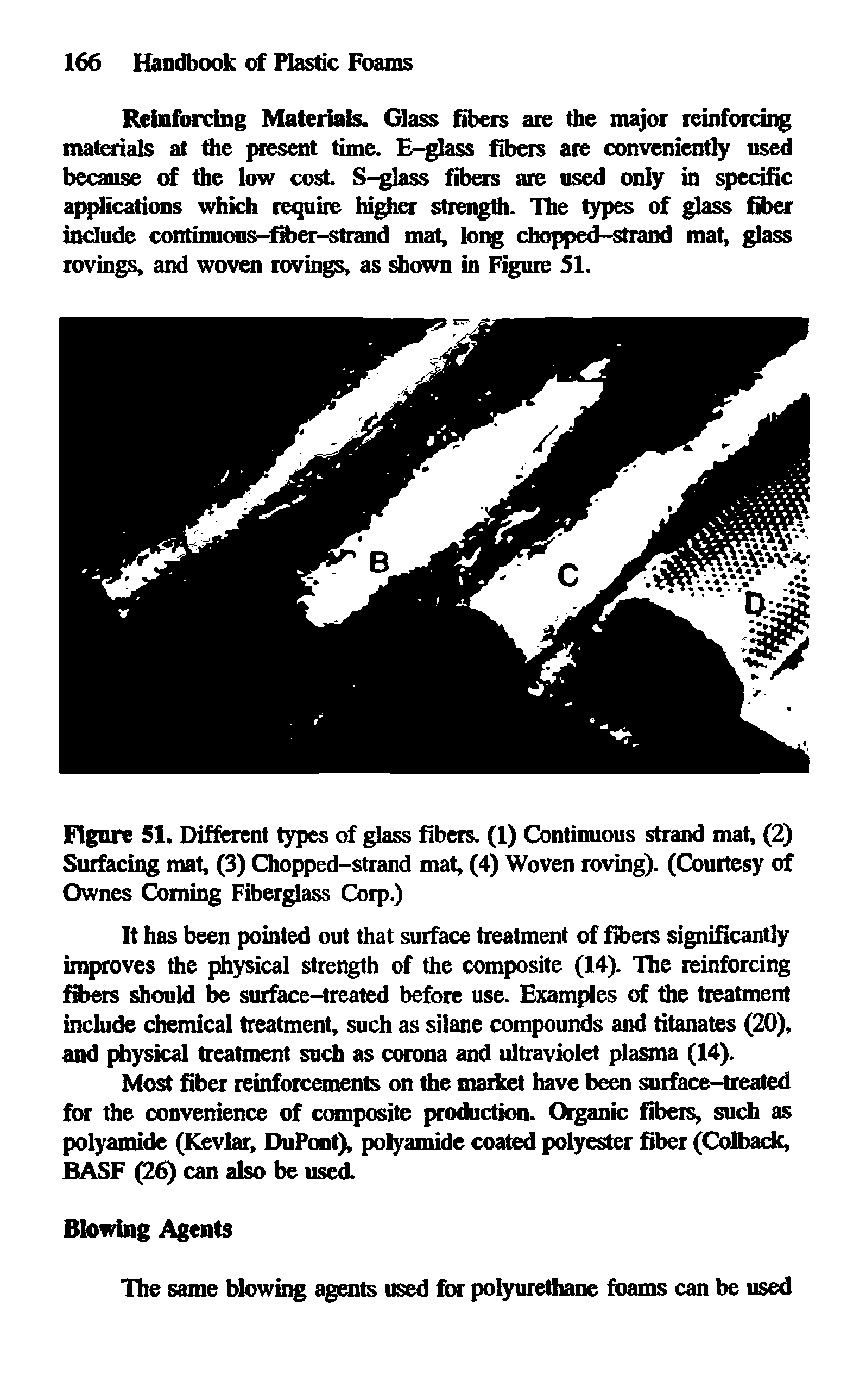 Figure 51, Different types of glass fibers. (1) Continuous strand mat, (2) Surfacing mat, (3) Chopped-strand mat, (4) Woven roving). (Courtesy of Ownes Coming Fiberglass Corp.)...