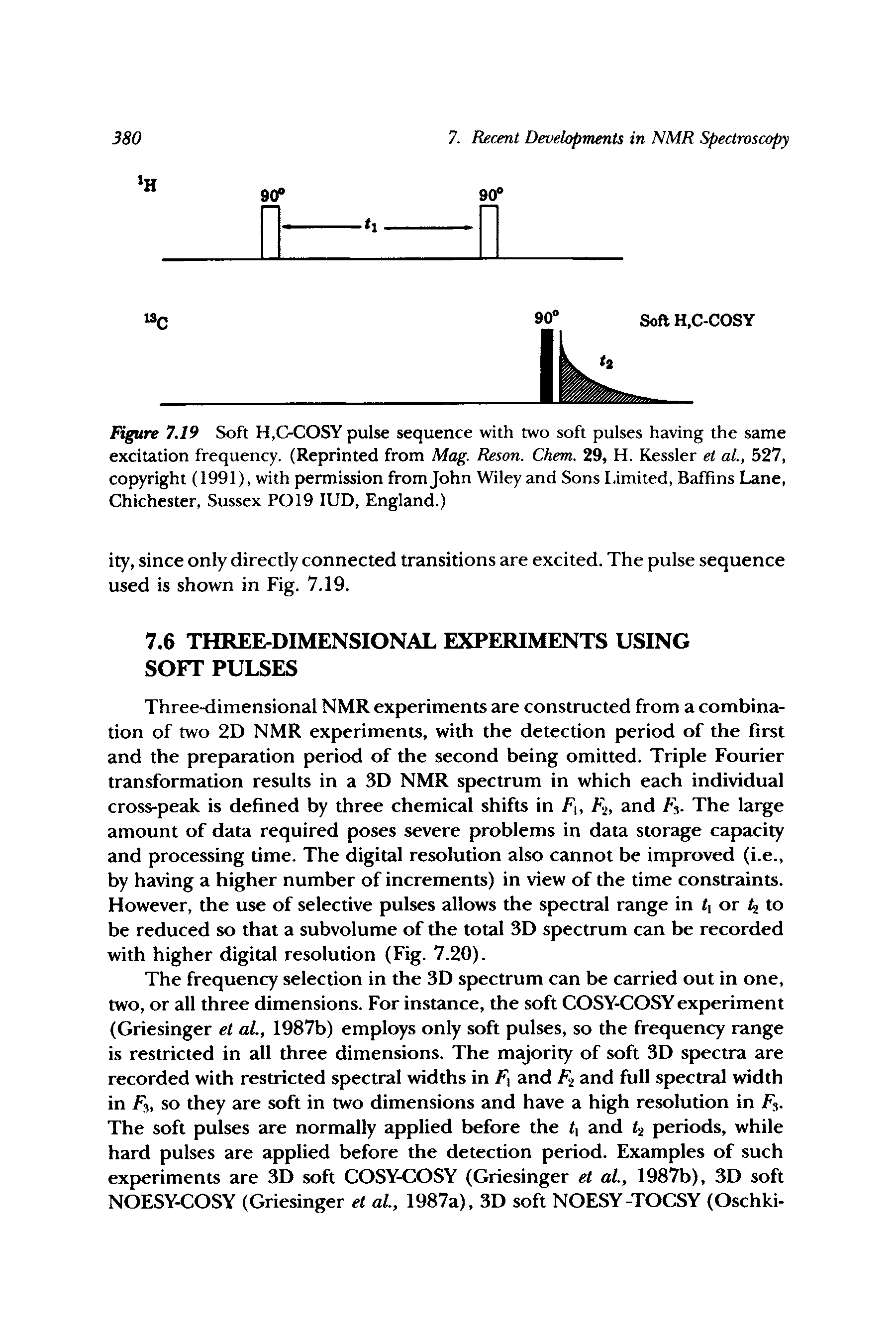 Figure 7.19 Soft H,C-COSY pulse sequence with two soft pulses having the same excitation frequency. (Reprinted from Mag. Reson. Chem. 29, H. Kessler et al., 527, copyright (1991), with permission from John Wiley and Sons Limited, Baffins Lane, Chichester, Sussex P019 lUD, England.)...