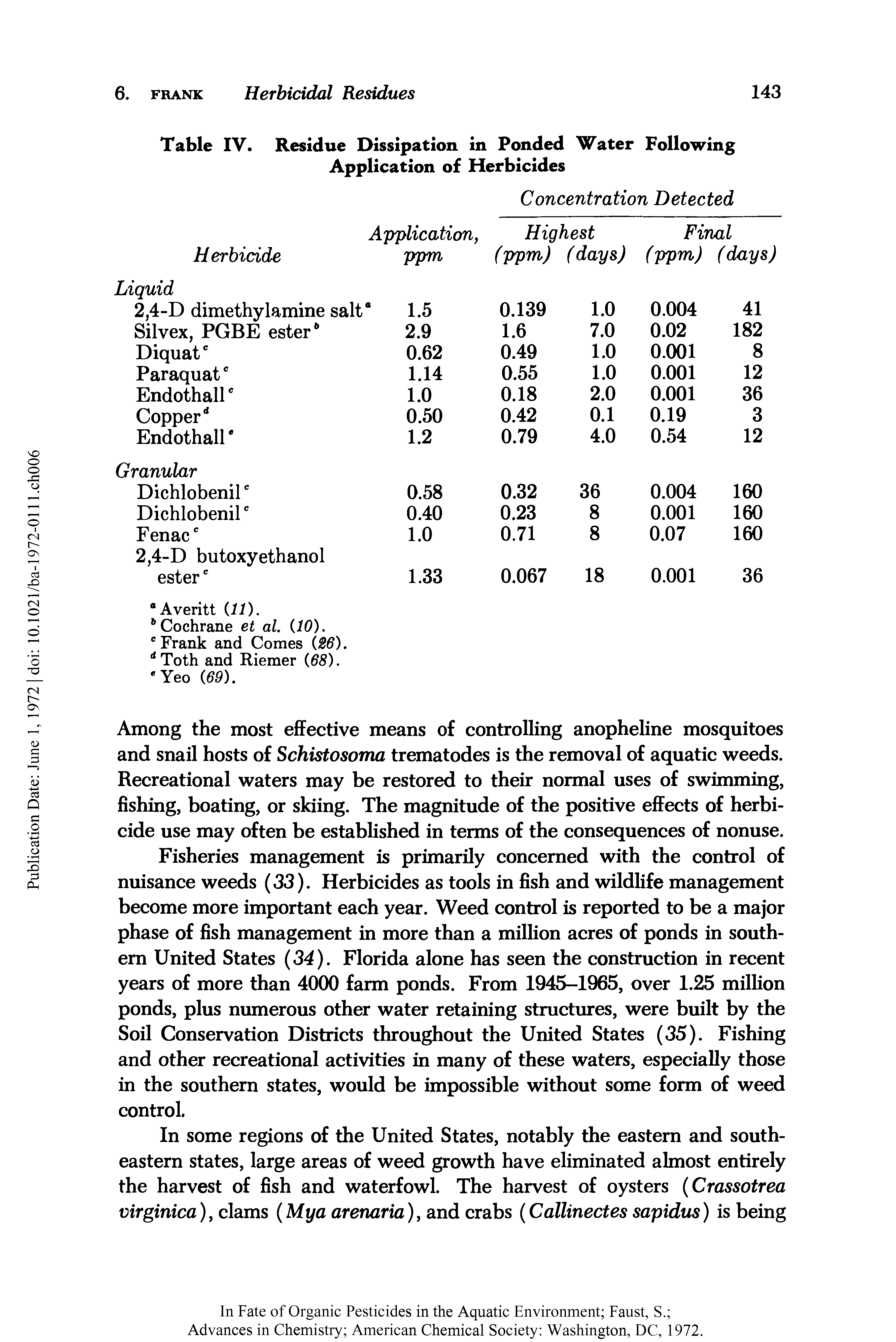 Table IV. Residue Dissipation in Ponded Water Following Application of Herbicides...