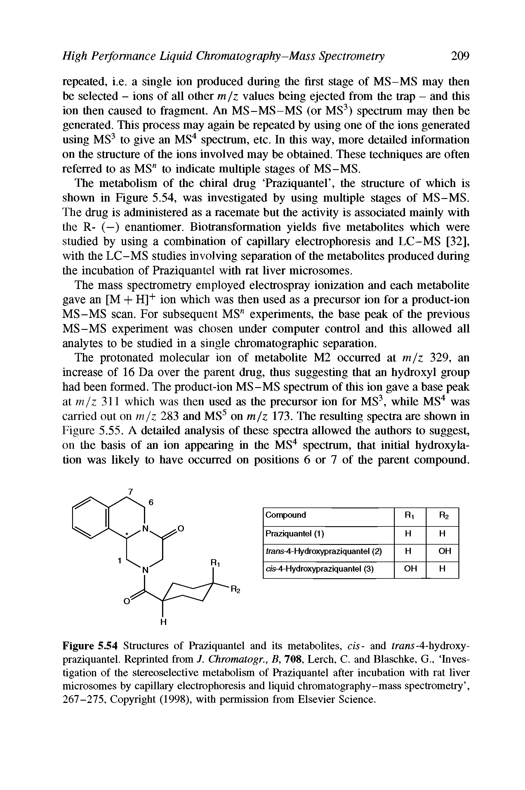 Figure 5.54 Structures of Praziquantel and its metabolites, cis- and fraw5-4-hydroxy-praziquantel. Reprinted from 7. Chromatogr., B, 708, Lerch, C. and Blaschke, G., Investigation of the stereoselective metabolism of Praziquantel after incubation with rat liver microsomes by capillary electrophoresis and liquid chromatography-mass spectrometry , 267-275, Copyright (1998), with permission from Elsevier Science.