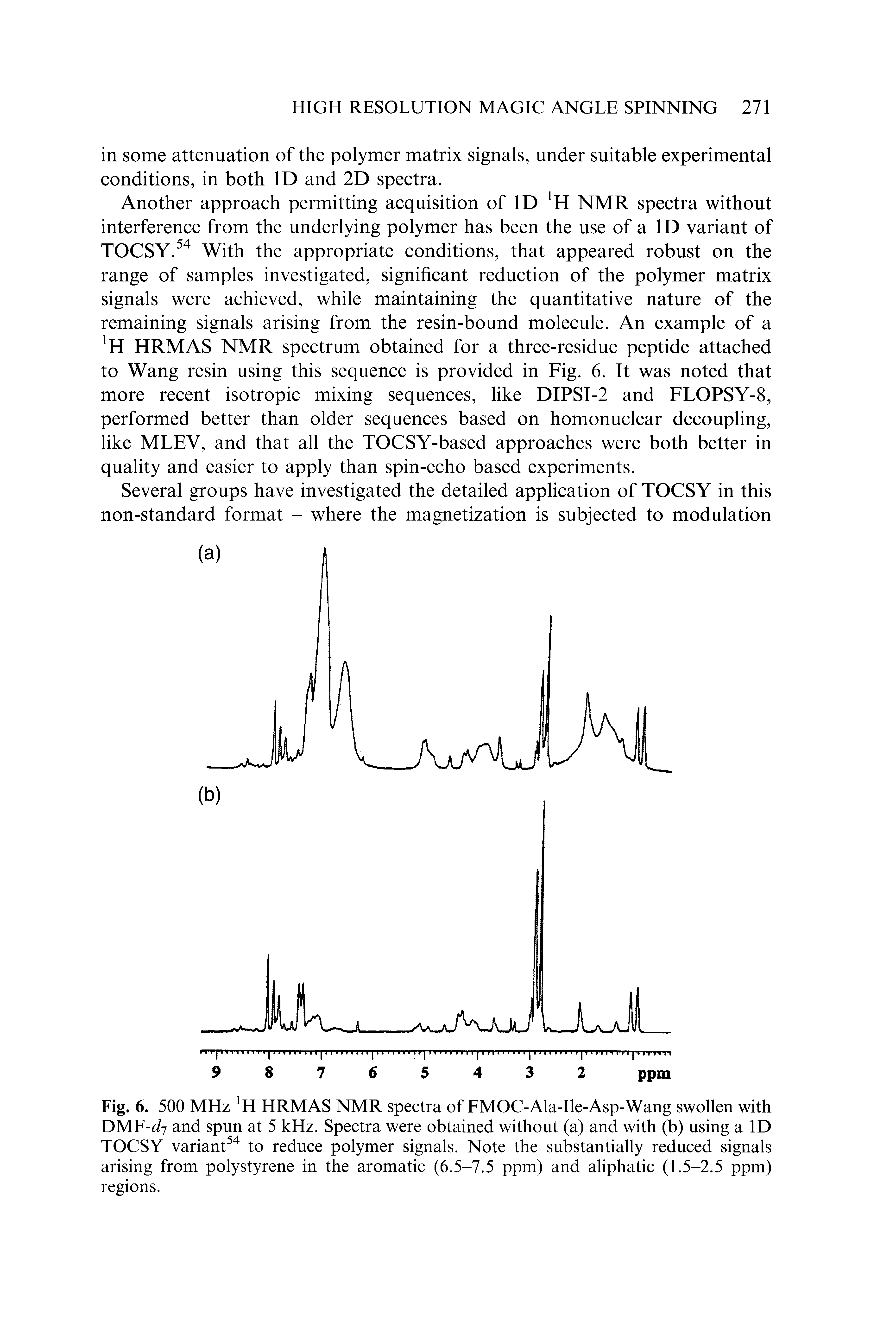 Fig. 6. 500 MHz H HRMAS NMR spectra of FMOC-Ala-Ile-Asp-Wang swollen with DMF- 7 and spun at 5 kHz. Spectra were obtained without (a) and with (b) using a ID TOCSY variant54 to reduce polymer signals. Note the substantially reduced signals arising from polystyrene in the aromatic (6.5-7.5 ppm) and aliphatic (1.5-2.5 ppm) regions.
