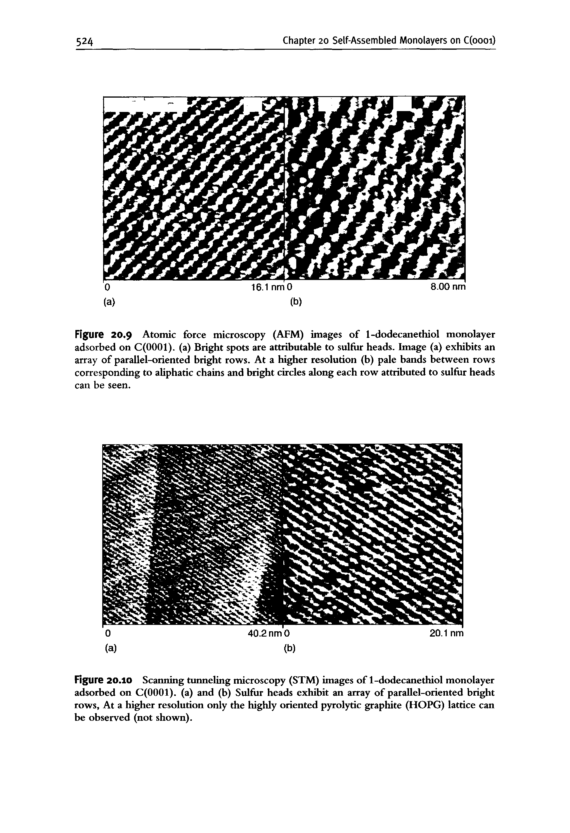 Figure 20.9 Atomic force microscopy (AFM) images of 1-dodecanethiol monolayer adsorbed on C(OOOl). (a) Bright spots are attributable to sulfur heads. Image (a) exhibits an array of parallel-oriented bright rows. At a higher resolution (b) pale bands between rows corresponding to ahphatic chains and bright circles along each row attributed to sulfur heads can be seen.