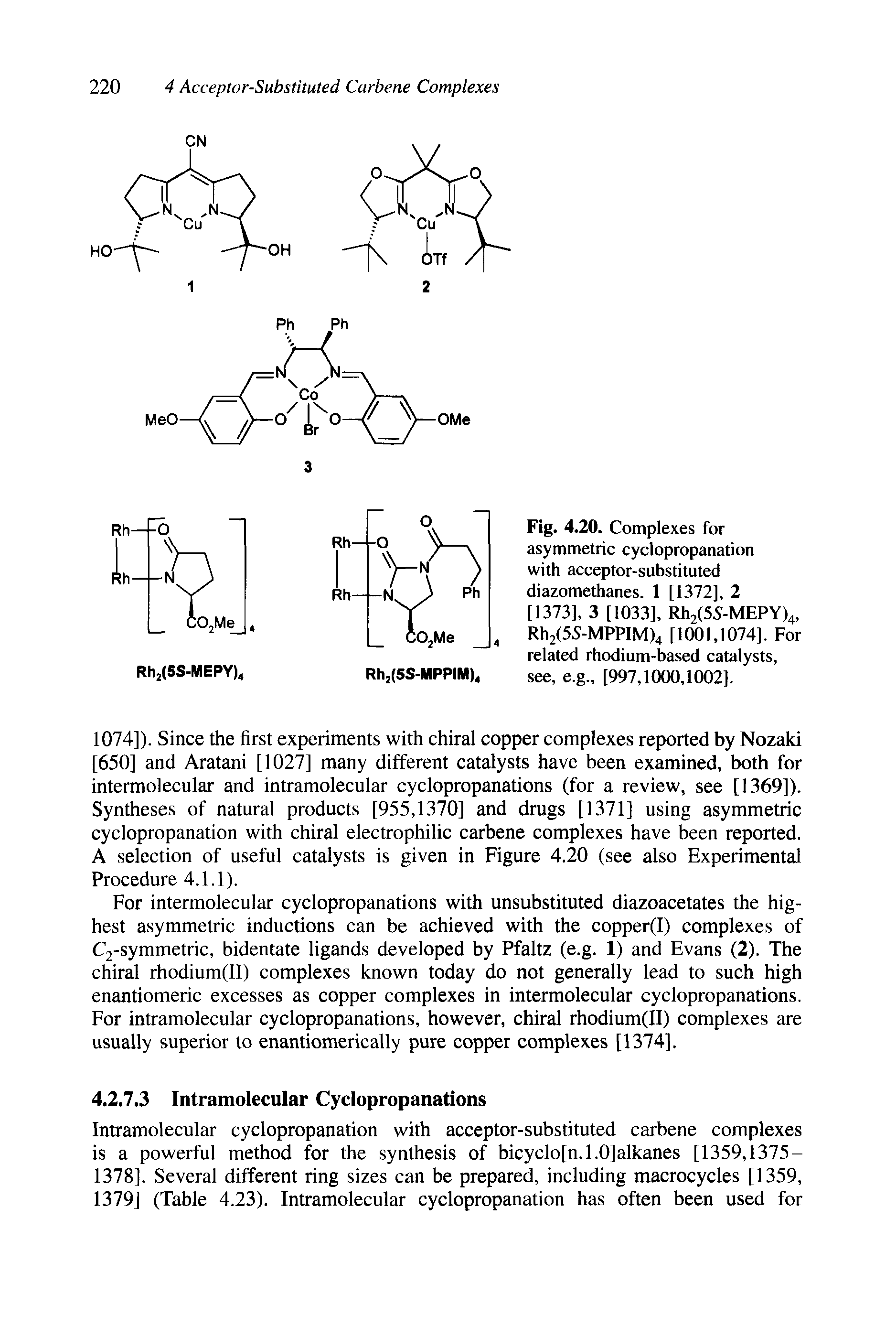 Fig. 4.20. Complexes for asymmetric cyclopropanation with acceptor-substituted diazomethanes. 1 [1372], 2 [1373], 3 [1033], Rh2(55-MEPY>4, Rh2(55-MPPIM)4 [1001,1074], For related rhodium-based catalysts, see, e.g., [997,1000,1002].