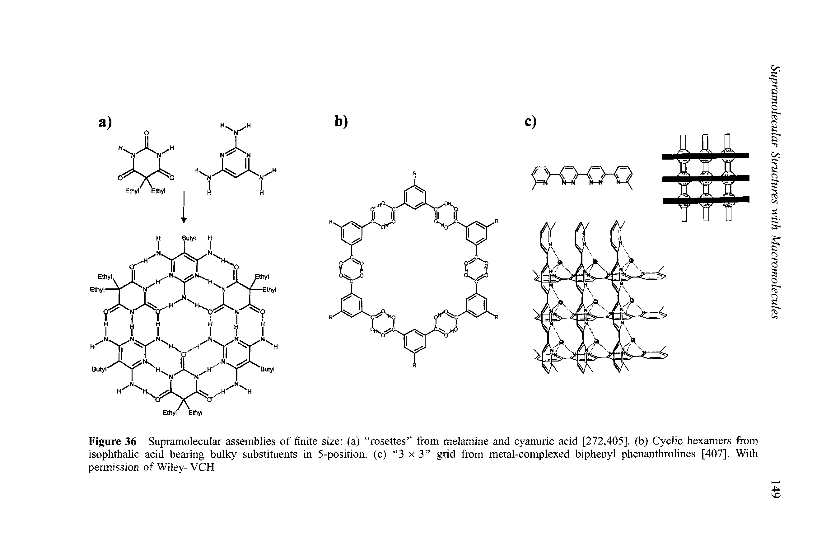 Figure 36 Supramolecular assemblies of finite size (a) rosettes from melamine and cyanuric acid [272,405]. (b) Cyclic hexamers from isophthalic acid bearing bulky substituents in 5-position, (c) 3 x 3 grid from metal-complexed biphenyl phenanthrolines [407]. With permission of Wiley-VCH...