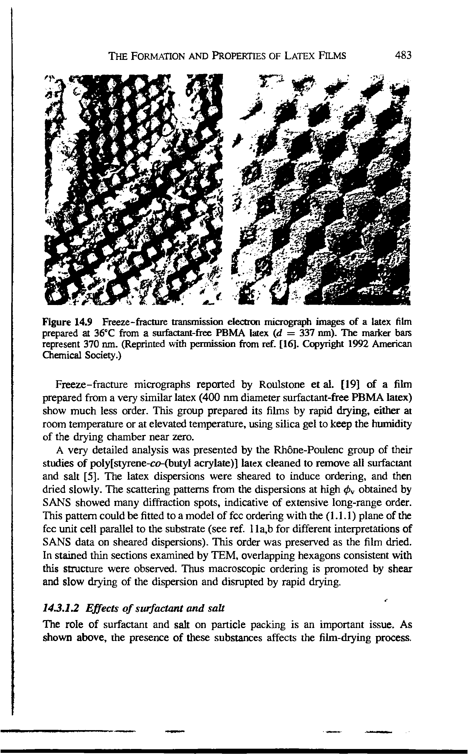 Figure 14.9 Freeze-fracture transmission electron micrograph images of a latex film prepared at 36°C from a surfrtctant-free PBMA latex (<f = 337 nm). The maiicer bars represent 370 nm. (Reprinted with permission from ref. [16]. Copyright 1992 American Chemical Society.)...