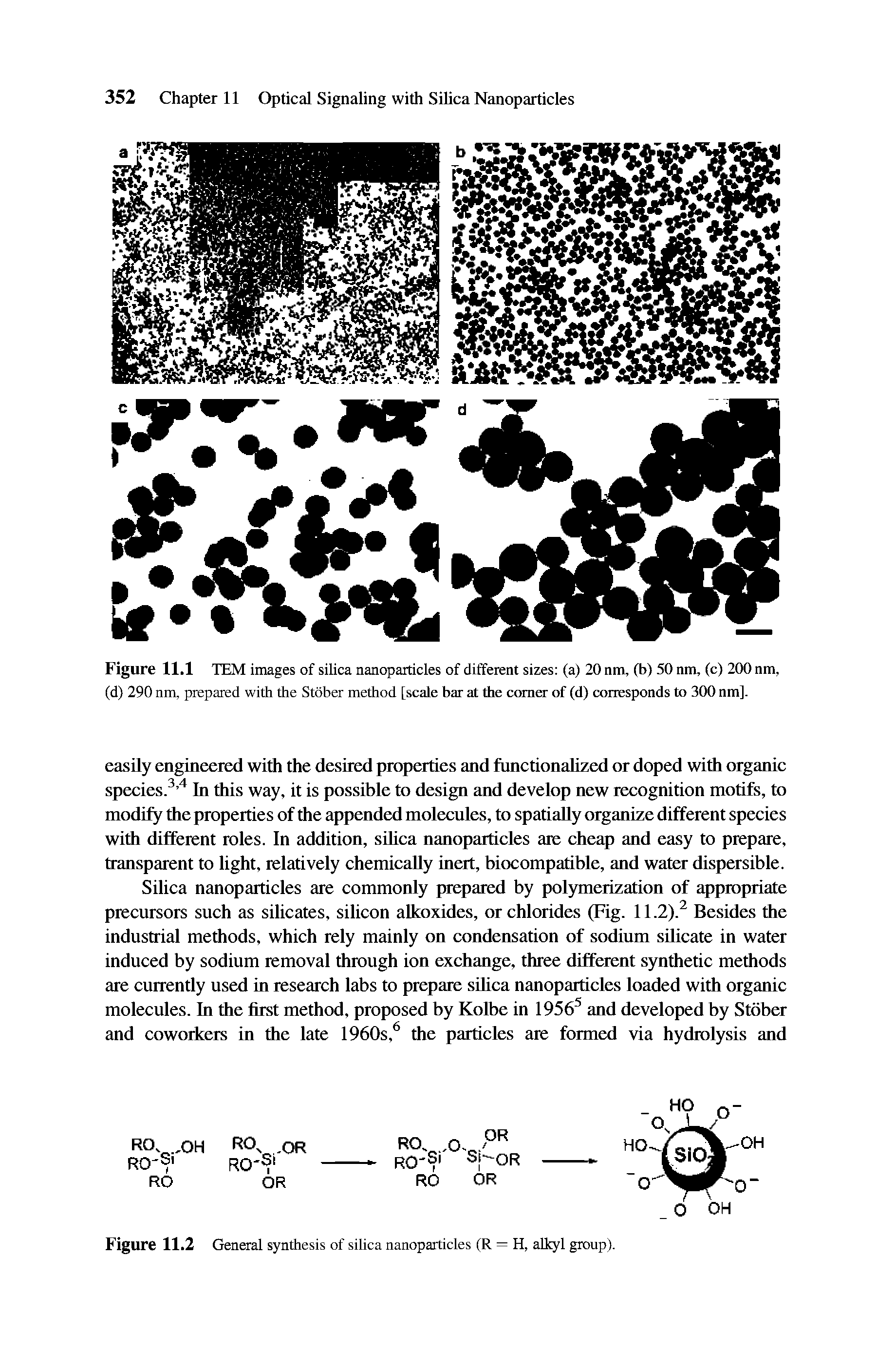 Figure 11.1 TEM images of silica nanoparticles of different sizes (a) 20 nm, (b) 50 nm, (c) 200 nm, (d) 290 nm, prepared with the Stober method [scale bar at the comer of (d) corresponds to 300 nm].