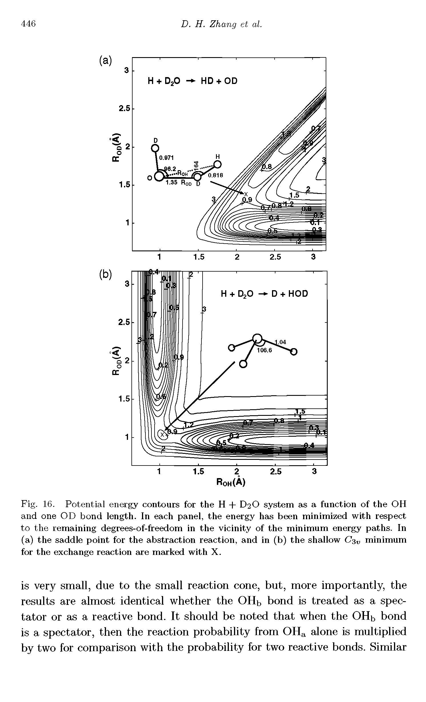 Fig. 16. Potential energy contours for the H + D2O system as a function of the OH and one OD bond length. In each panel, the energy has been minimized with respect to the remaining degrees-of-freedom in the vicinity of the minimum energy paths. In (a) the saddle point for the abstraction reaction, and in (b) the shallow < >, minimum for the exchange reaction are marked with X.