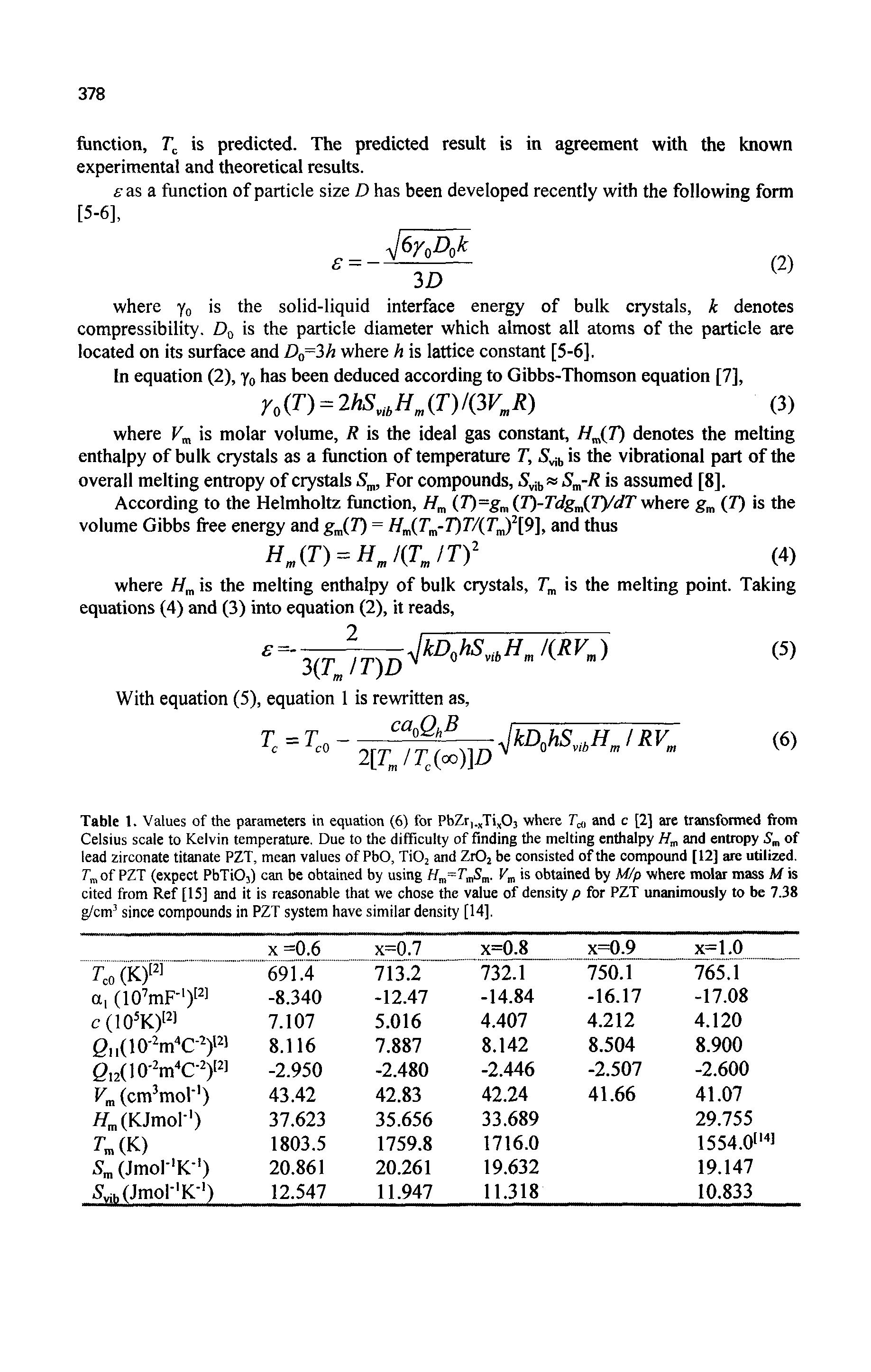 Table 1. Values of the parameters in equation (6) for PbZr,. Ti,03 where and c [2] are transformed from Celsius scale to Kelvin temperature. Due to the difficulty of finding the melting enthalpy and entropy of lead zirconate titanate PZT, mean values of PbO, TiOj and ZrOj be consisted of the compound [12] are utilized.