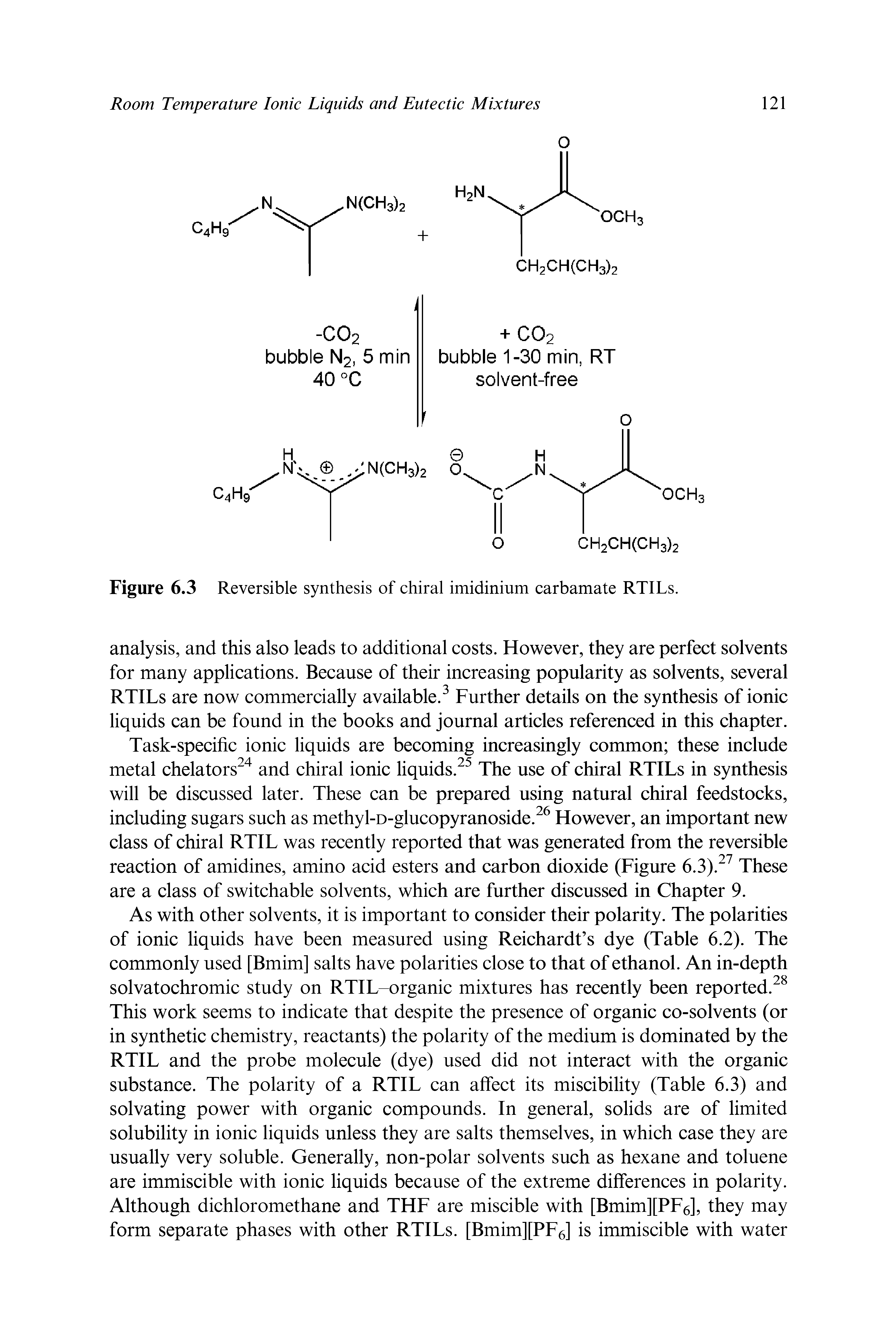 Figure 6.3 Reversible synthesis of chiral imidinium carbamate RTILs.