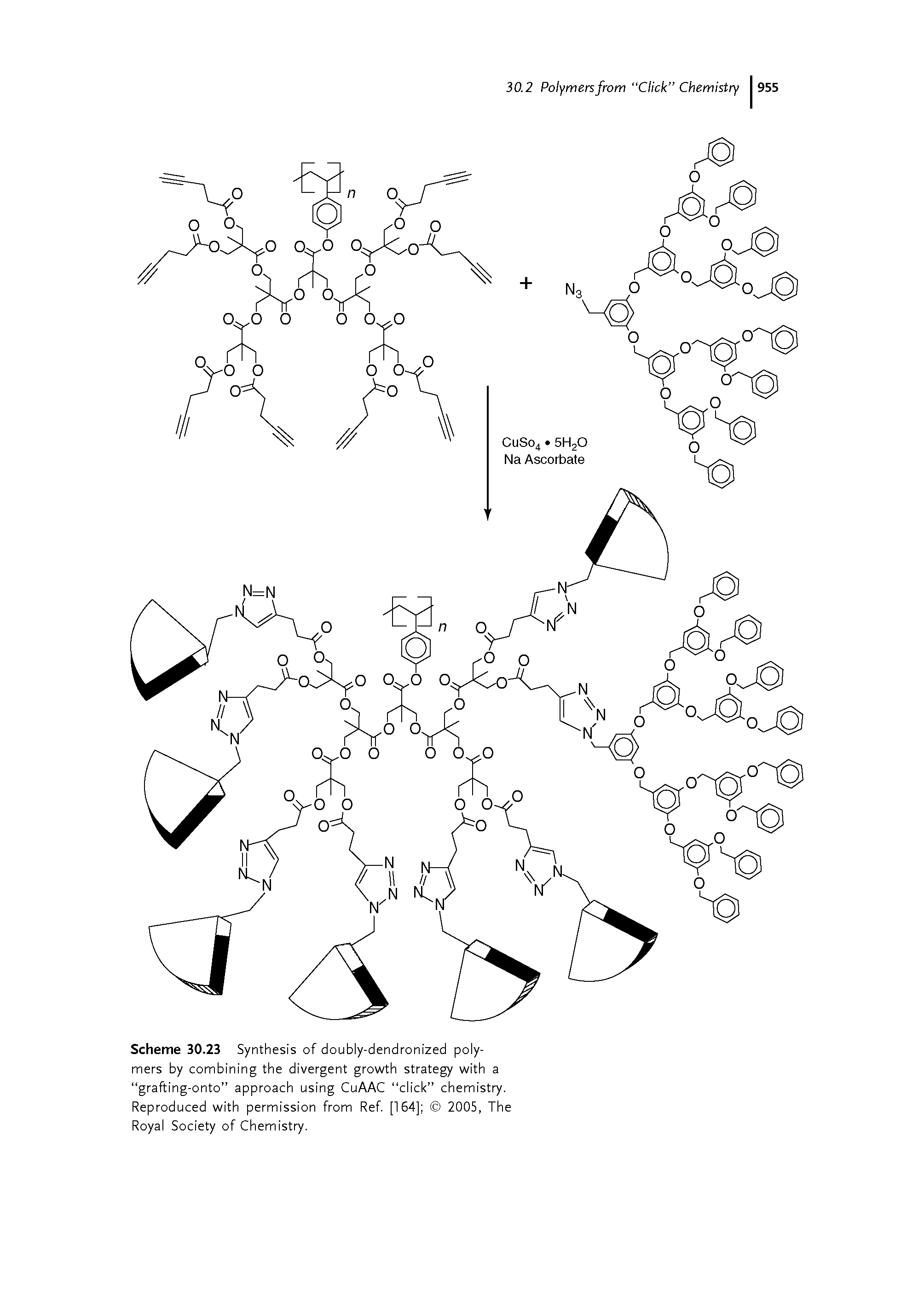 Scheme 30.23 Synthesis of doubly-dendronized polymers by combining the divergent growth strategy with a grafting-onto approach using CuAAC click chemistry. Reproduced with permission from Ref. [164] 2005, The Royal Society of Chemistry.