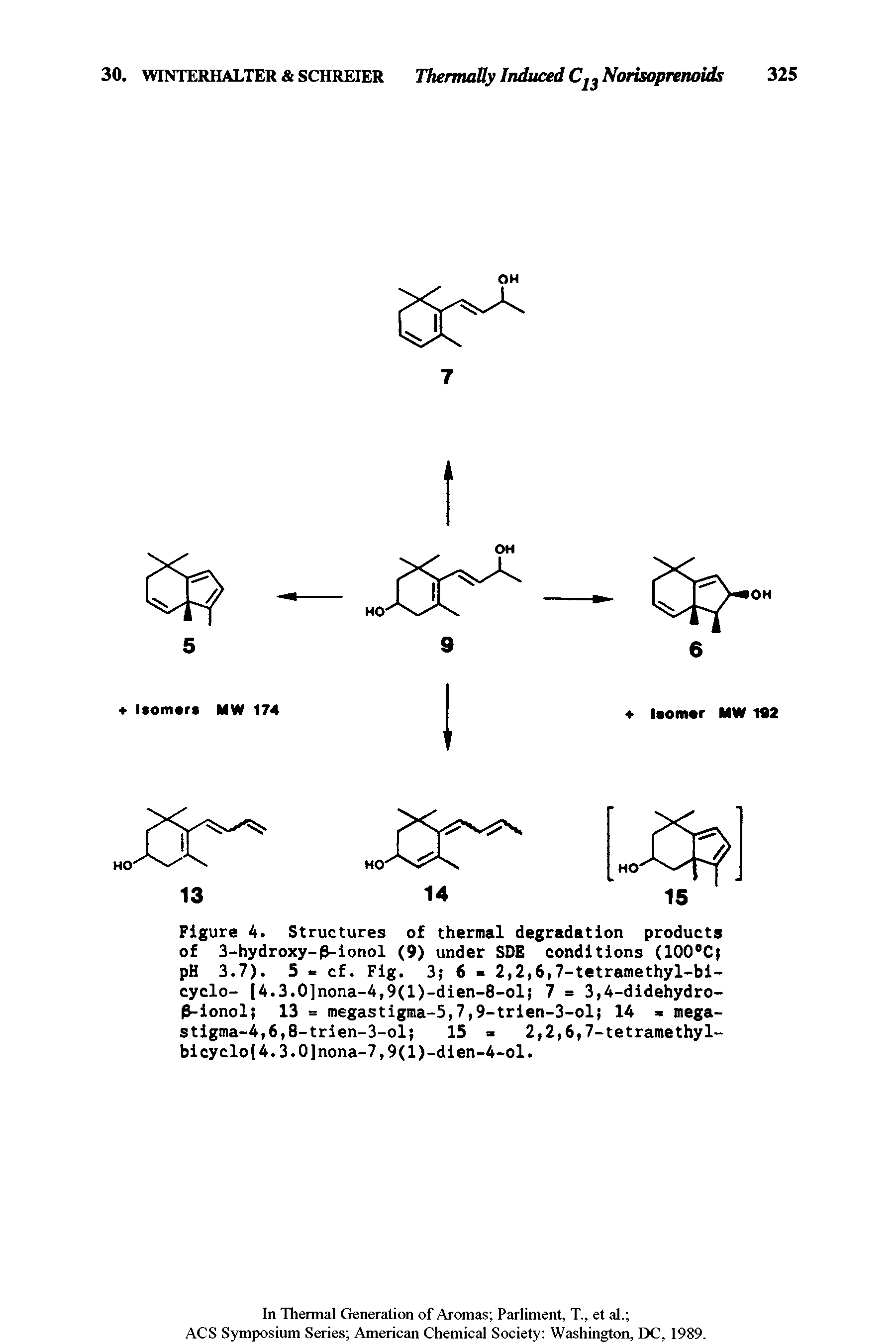 Figure 4. Structures of thermal degradation products of 3-hydroxy-P-ionol (9) under SDE conditions (100°Cj pH 3.7). 5 cf. Fig. 3 6 2,2,6,7-tetramethyl-bi-cyclo- [4.3.0]nona-4,9(l)-dien-8-oli 7 = 3,4-didehydro-P-ionoli 13 = megastigma-5,7,9-trien-3-oli 14 mega-stigma-4, 6,8-trien-3-ol 15 > 2,2,6,7-tetramethyl-bi cyclo[4.3.0]nona-7,9(1)-di en-4-ol.