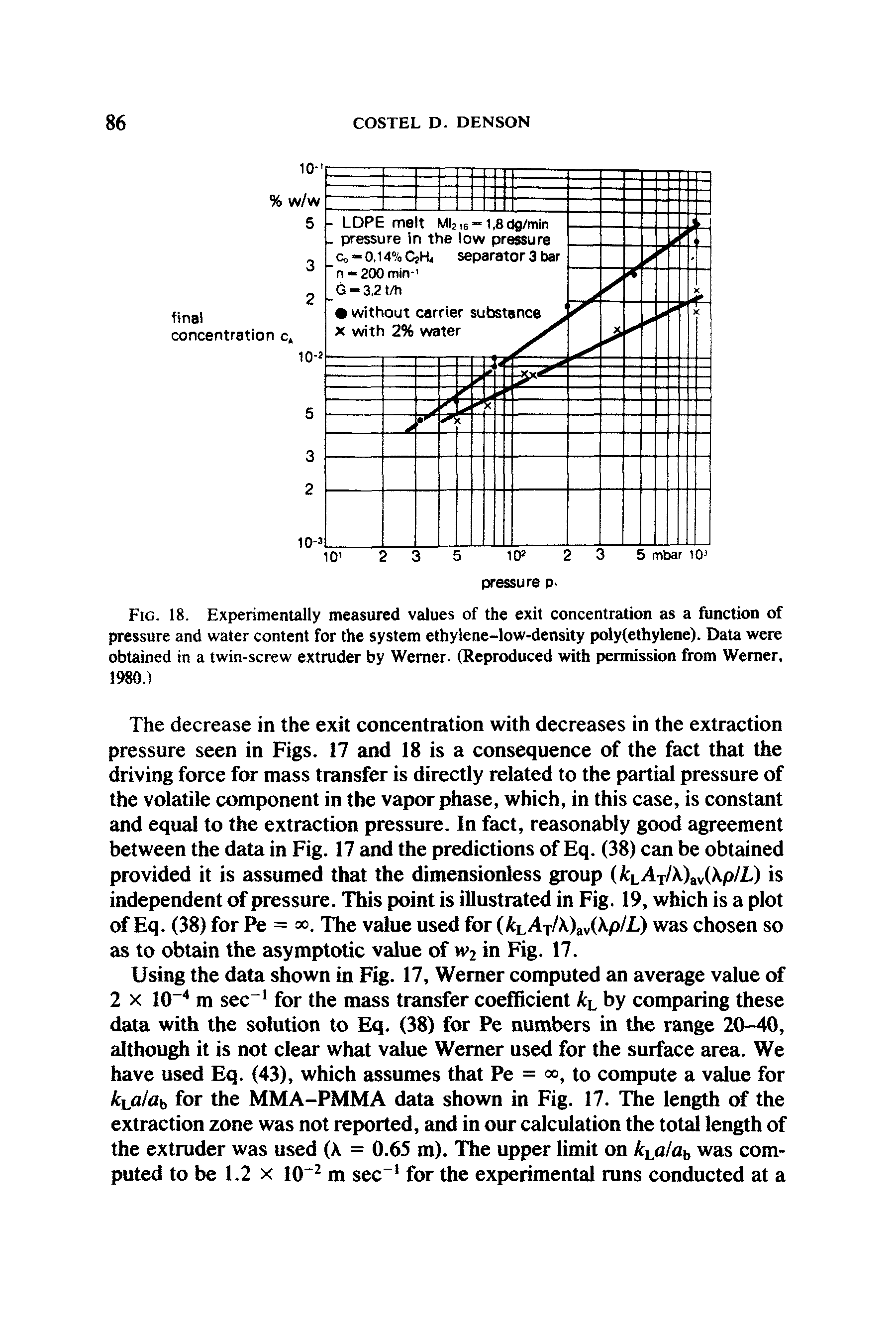 Fig. 18. Experimentally measured values of the exit concentration as a function of pressure and water content for the system ethylene-low-density polyfethylene). Data were obtained in a twin-screw extruder by Werner. (Reproduced with permission from Werner, 1980.)...