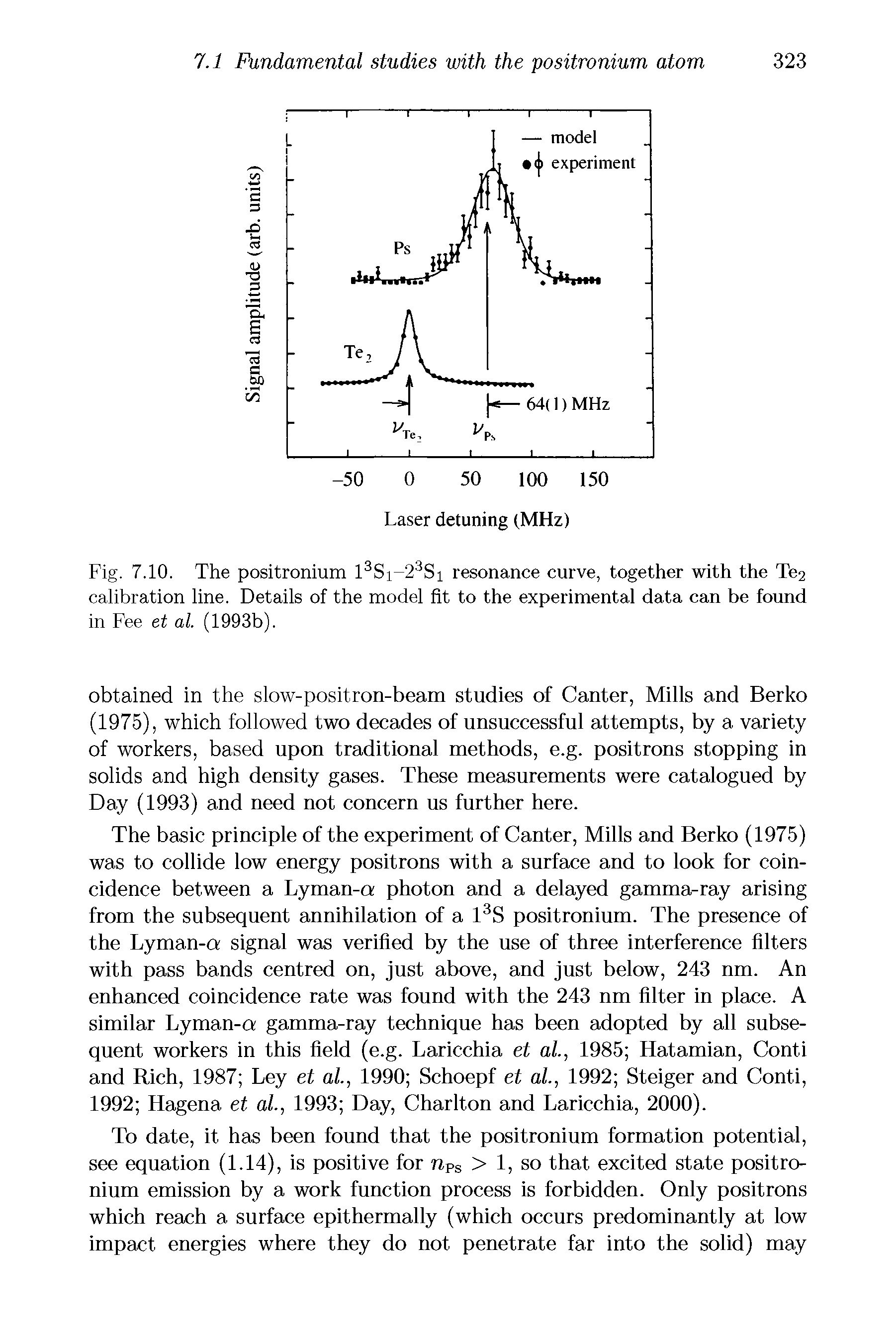Fig. 7.10. The positronium 13Si-23Si resonance curve, together with the Te2 calibration line. Details of the model fit to the experimental data can be found in Fee et al. (1993b).