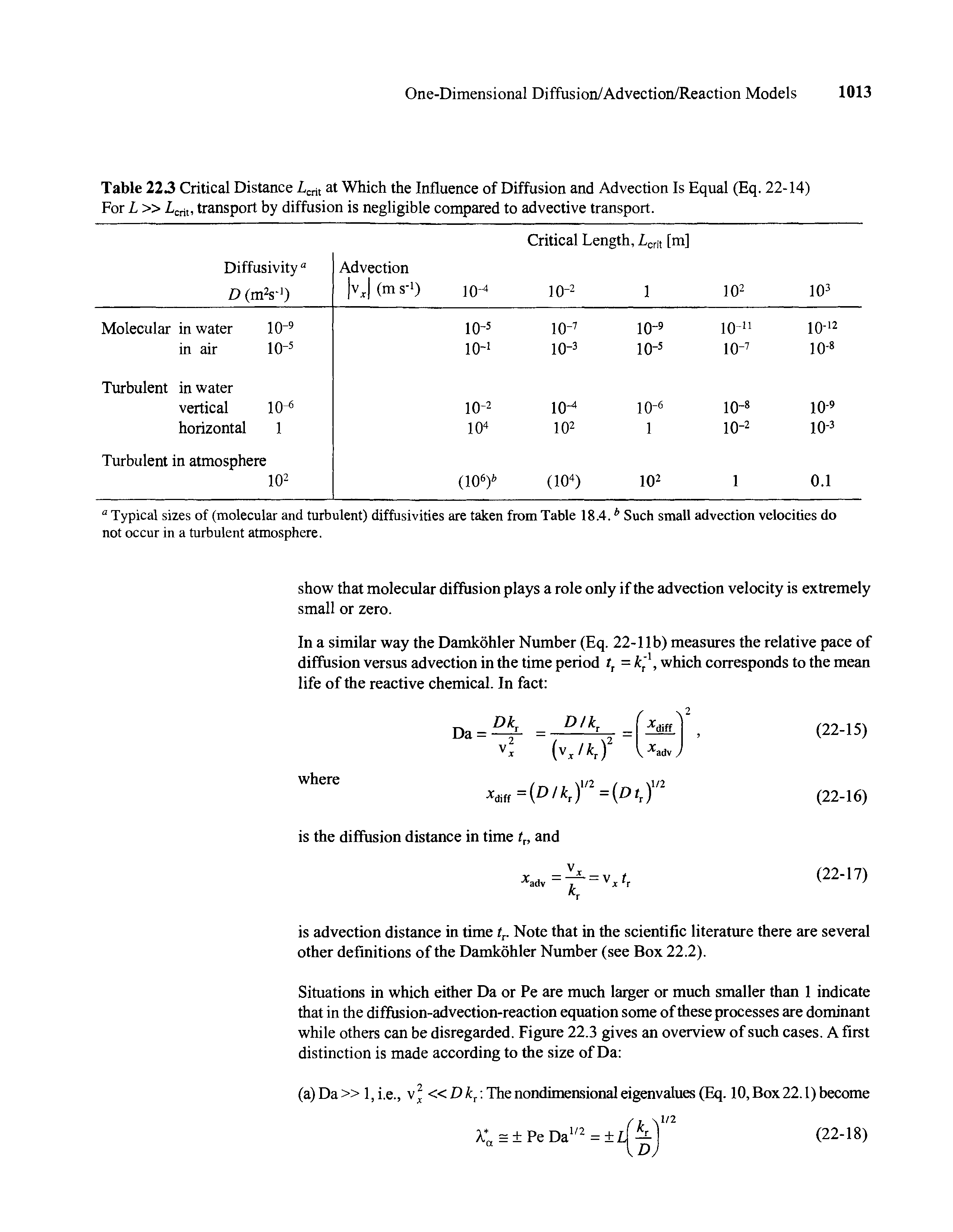 Table 223 Critical Distance Z,crit at Which the Influence of Diffusion and Advection Is Equal (Eq. 22-14) For L Lcnl, transport by diffusion is negligible compared to advective transport.