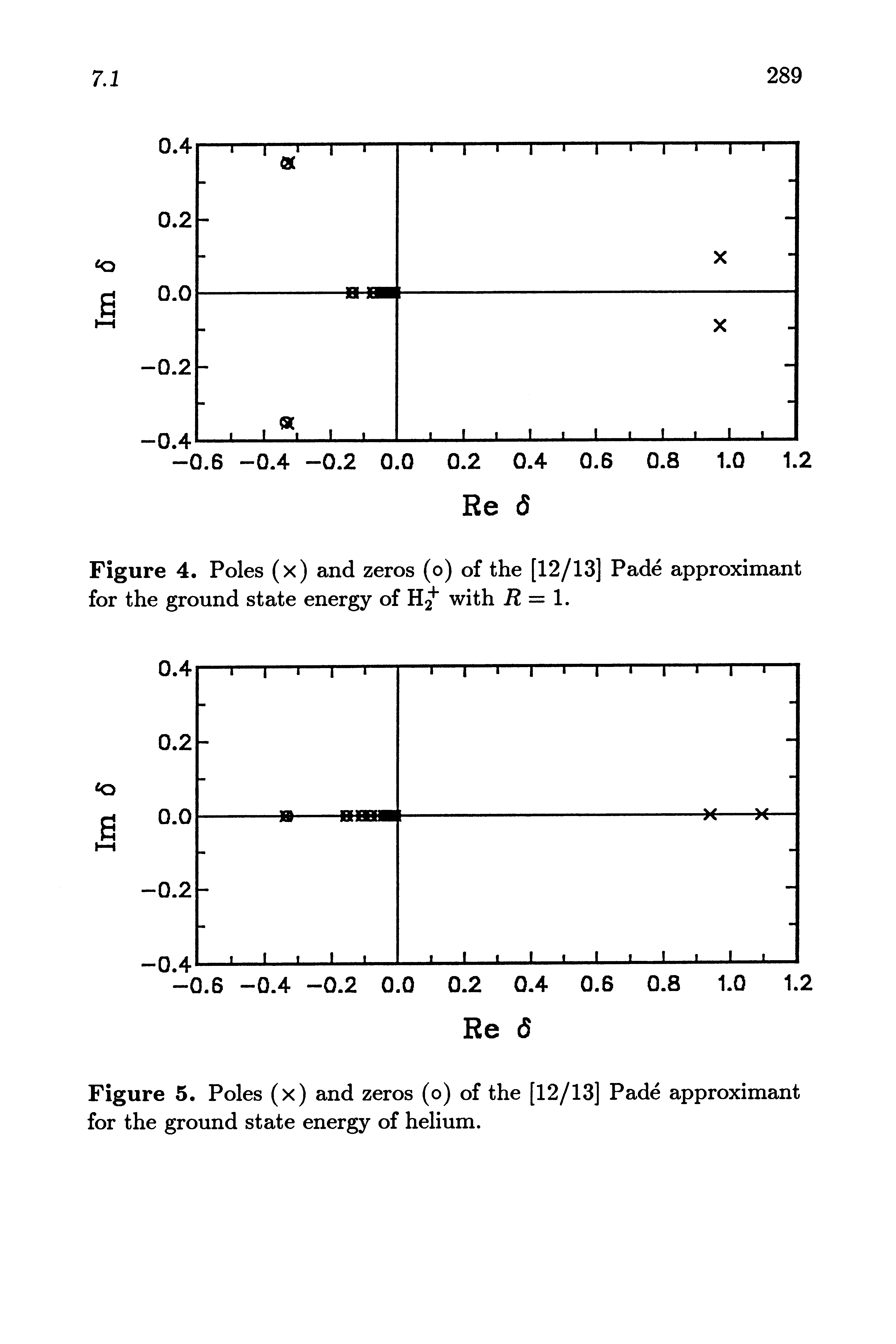 Figure 5. Poles (x) and zeros (o) of the [12/13] Fade approximant for the ground state energy of helium.