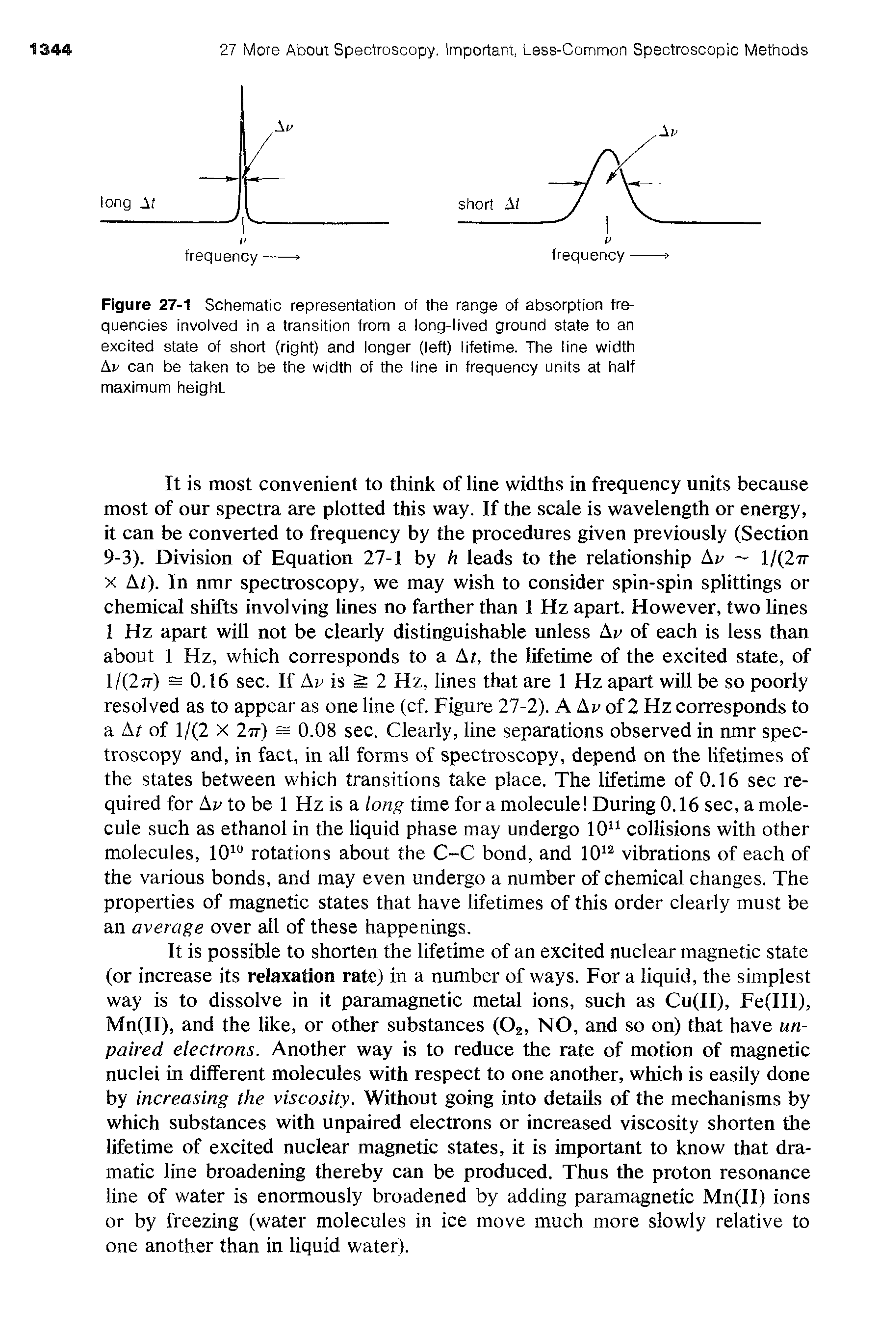 Figure 27-1 Schematic representation of the range of absorption frequencies involved in a transition from a long-lived ground state to an excited state of short (right) and longer (left) lifetime. The line width Av can be taken to be the width of the line in frequency units at half maximum height.