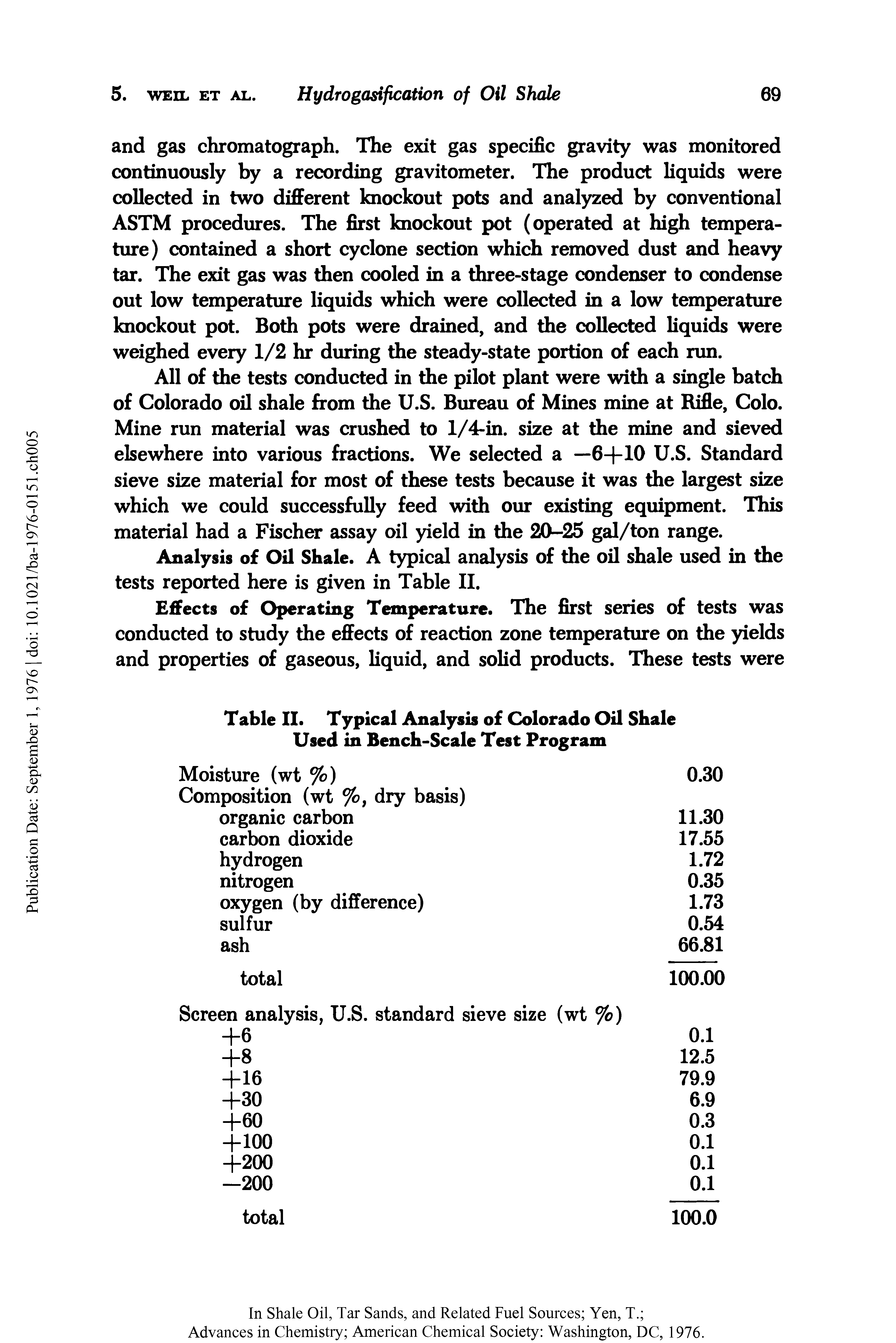 Table II. Typical Analysis of Colorado Oil Shale Used in Bench-Scale Test Program...