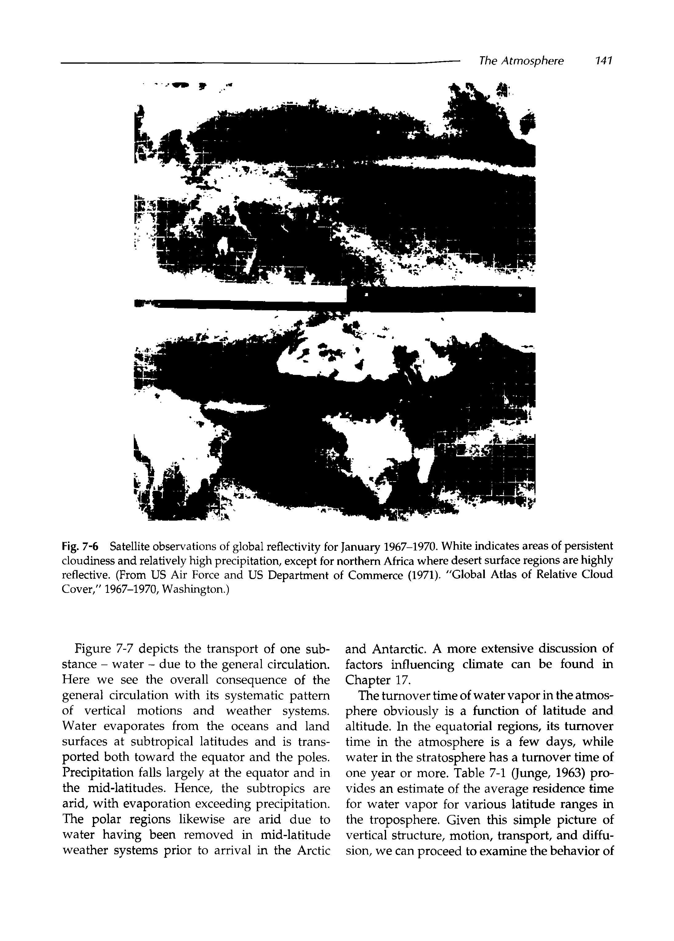 Fig. 7-6 Satellite observations of global reflectivity for January 1967-1970. White indicates areas of persistent cloudiness and relatively high precipitation, except for northern Africa where desert surface regions are highly reflective. (From US Air Force and US Department of Commerce (1971). "Global Atlas of Relative Cloud Cover," 1967-1970, Washington.)...