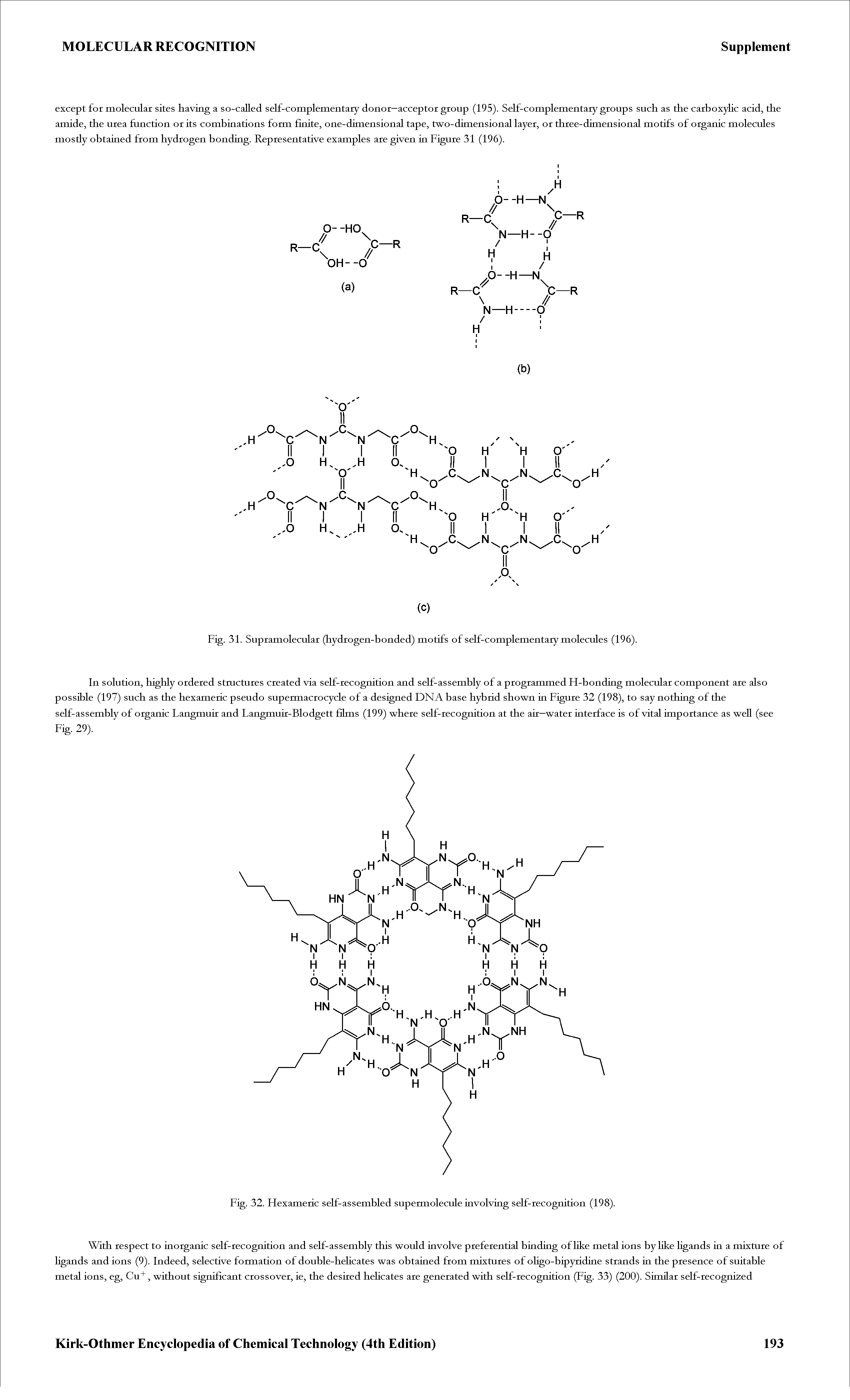 Fig. 31. Supramolecular (hydrogen-bonded) motifs of self-complementary molecules (196).