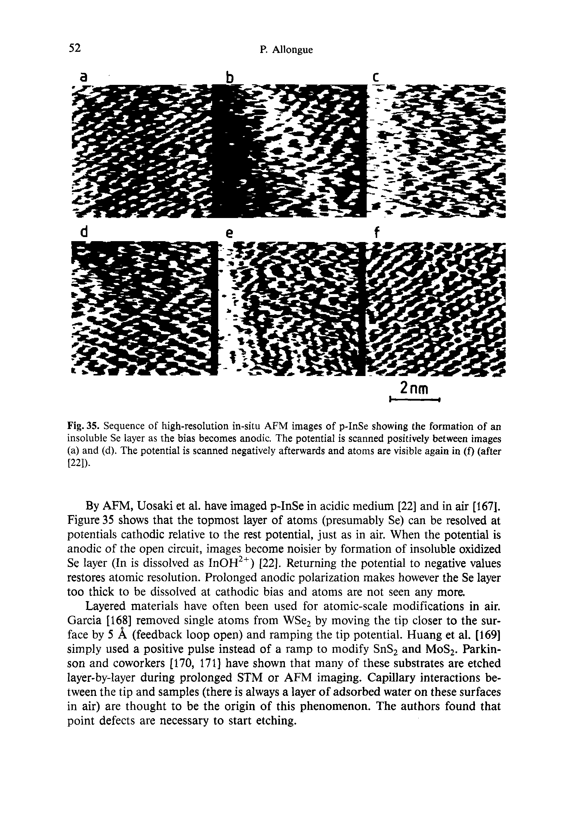Fig. 35. Sequence of high-resolution in-situ AFM images of p-InSe showing the formation of an insoluble Se layer as the bias becomes anodic. The potential is scanned positively between images (a) and (d). The potential is scanned negatively afterwards and atoms are visible again in (f) (after [22]).