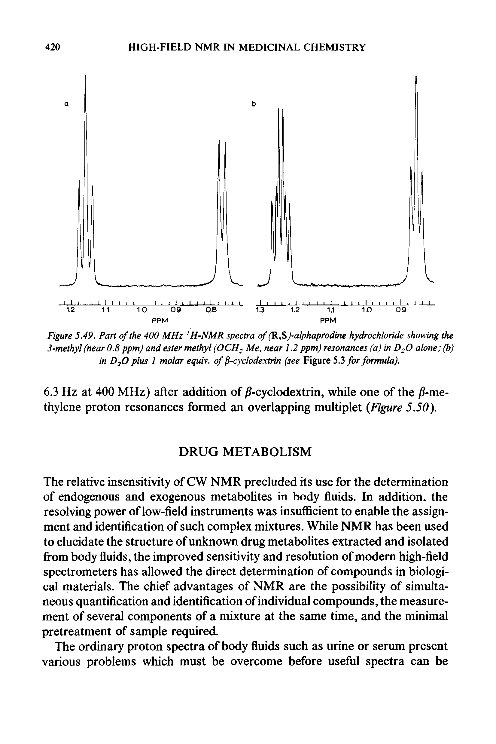 Figure 5.49. Part of the 400 MHz H-NMR spectra of (R,S j-alphaprodine hydrochloride showing the 3-methyl (near 0.8 ppm) and ester methyl (OCH Me, near 1.2 ppm) resonances (a) in D2O alone (b) in D2O plus 1 molar equiv. of f-cyclodextrin (see Figure 5.3 for formula).