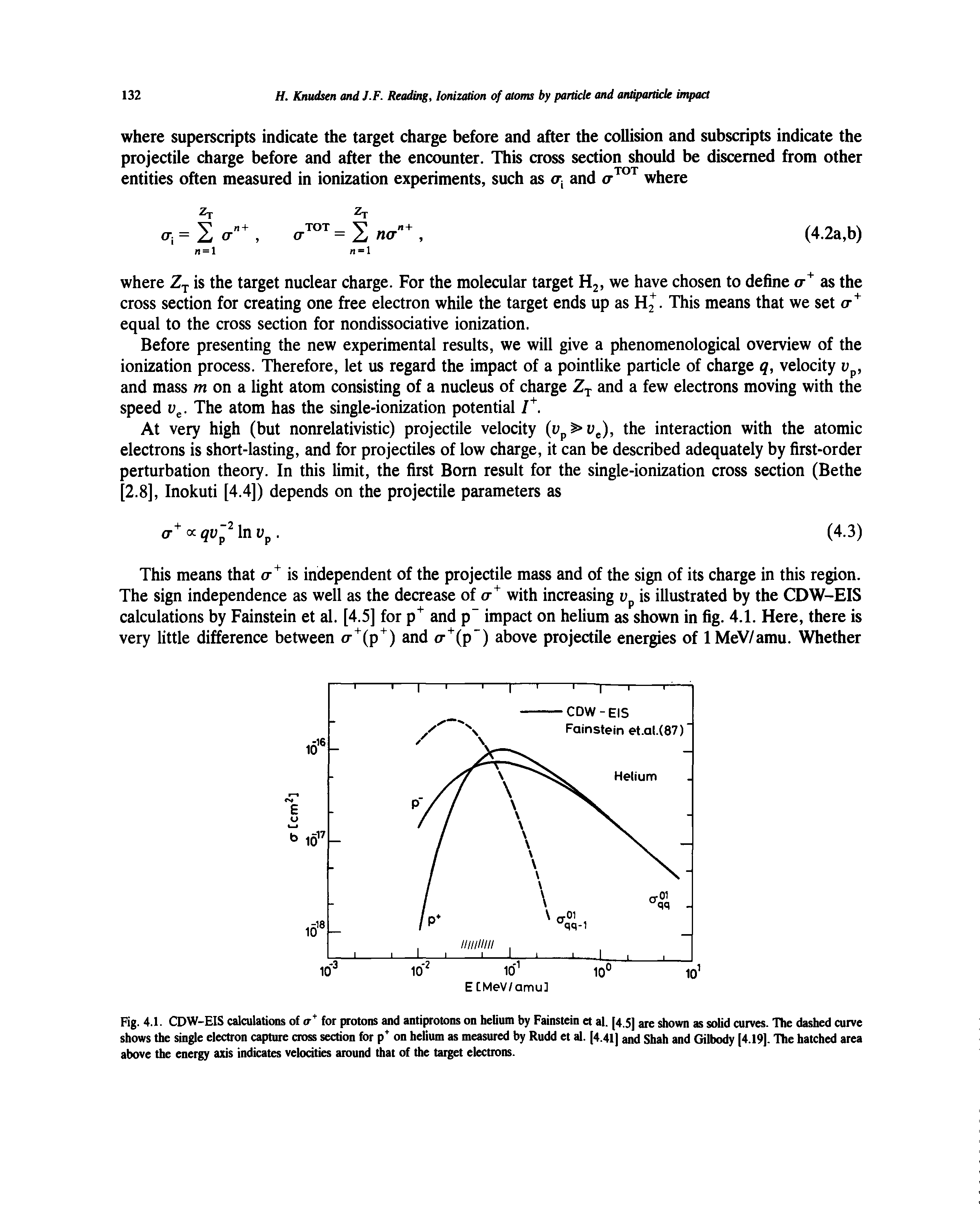 Fig. 4.1. CDW-EIS cakulatioas of a for protons and antiprolons on helium by Fainstein et al. [4.5 are shown as soUd curves. The dashed curve shows the single electron capture cross section for p on helium as measured by Rudd et al. [4.41] and Shah and Gilbody [4.19]. The hatched area above the energy axis indicates velocities around that of the target elections.