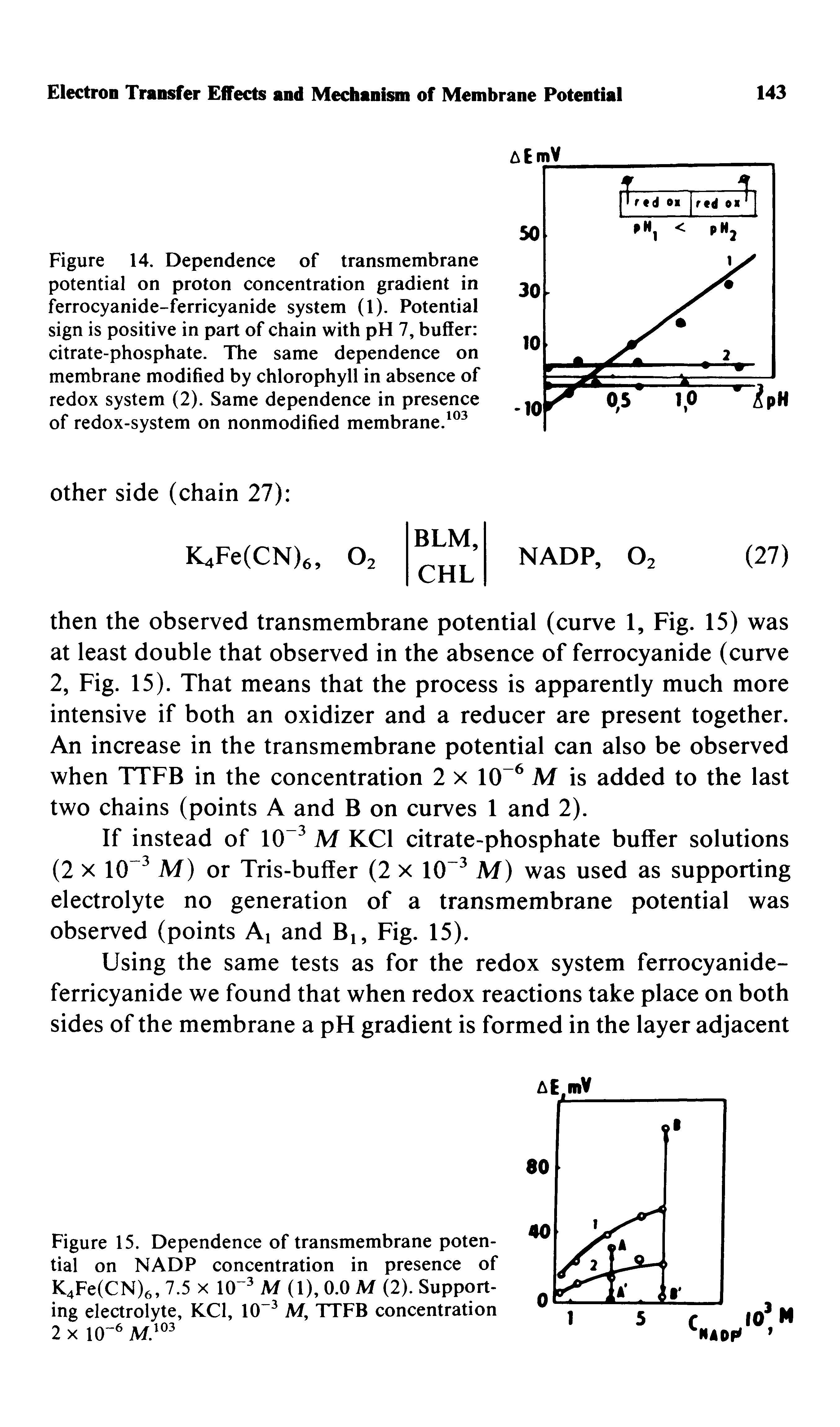 Figure 14. Dependence of transmembrane potential on proton concentration gradient in ferrocyanide-ferricyanide system (1). Potential sign is positive in part of chain with pH 7, buffer citrate-phosphate. The same dependence on membrane modified by chlorophyll in absence of redox system (2). Same dependence in presence of redox-system on nonmodified membrane.103...