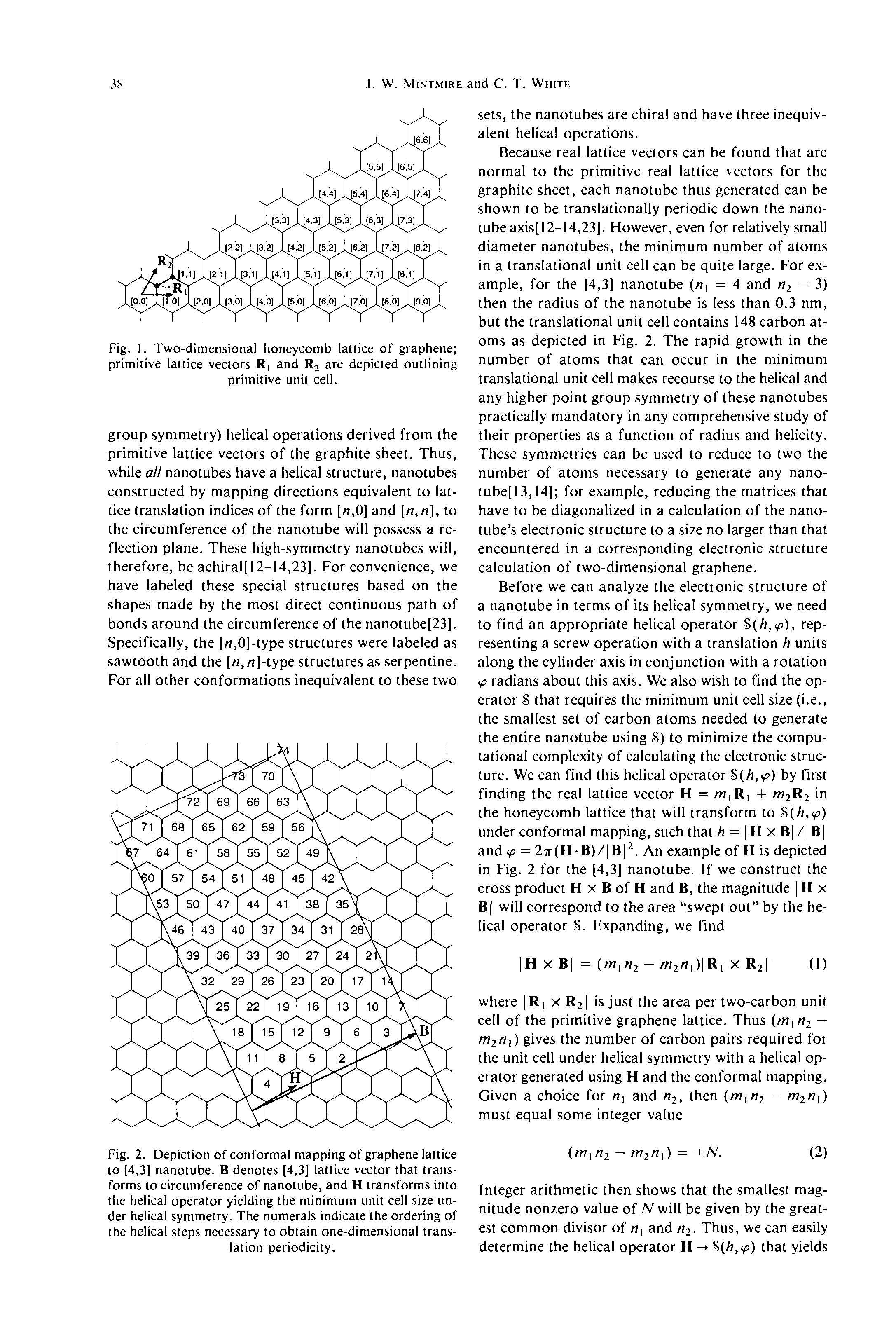 Fig. 2. Depiction of conformal mapping of graphene lattice to [4,3] nanotube. B denotes [4,3] lattice vector that transforms to circumference of nanotube, and H transforms into the helical operator yielding the minimum unit cell size under helical symmetry. The numerals indicate the ordering of the helical steps necessary to obtain one-dimensional translation periodicity.