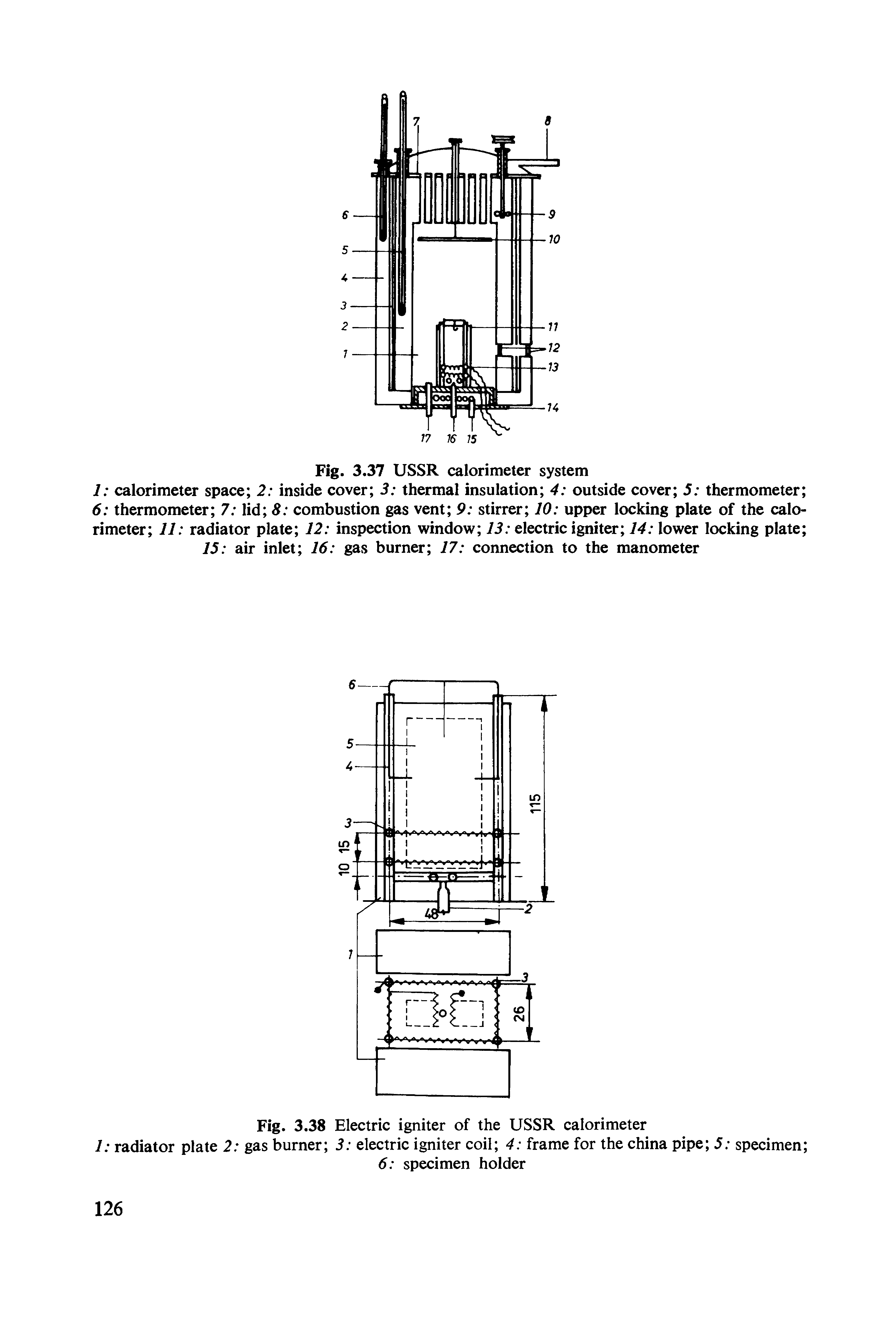 Fig. 3.38 Electric igniter of the USSR calorimeter 1 radiator plate 2 gas burner 3 electric igniter coil 4 frame for the china pipe 5 specimen ...