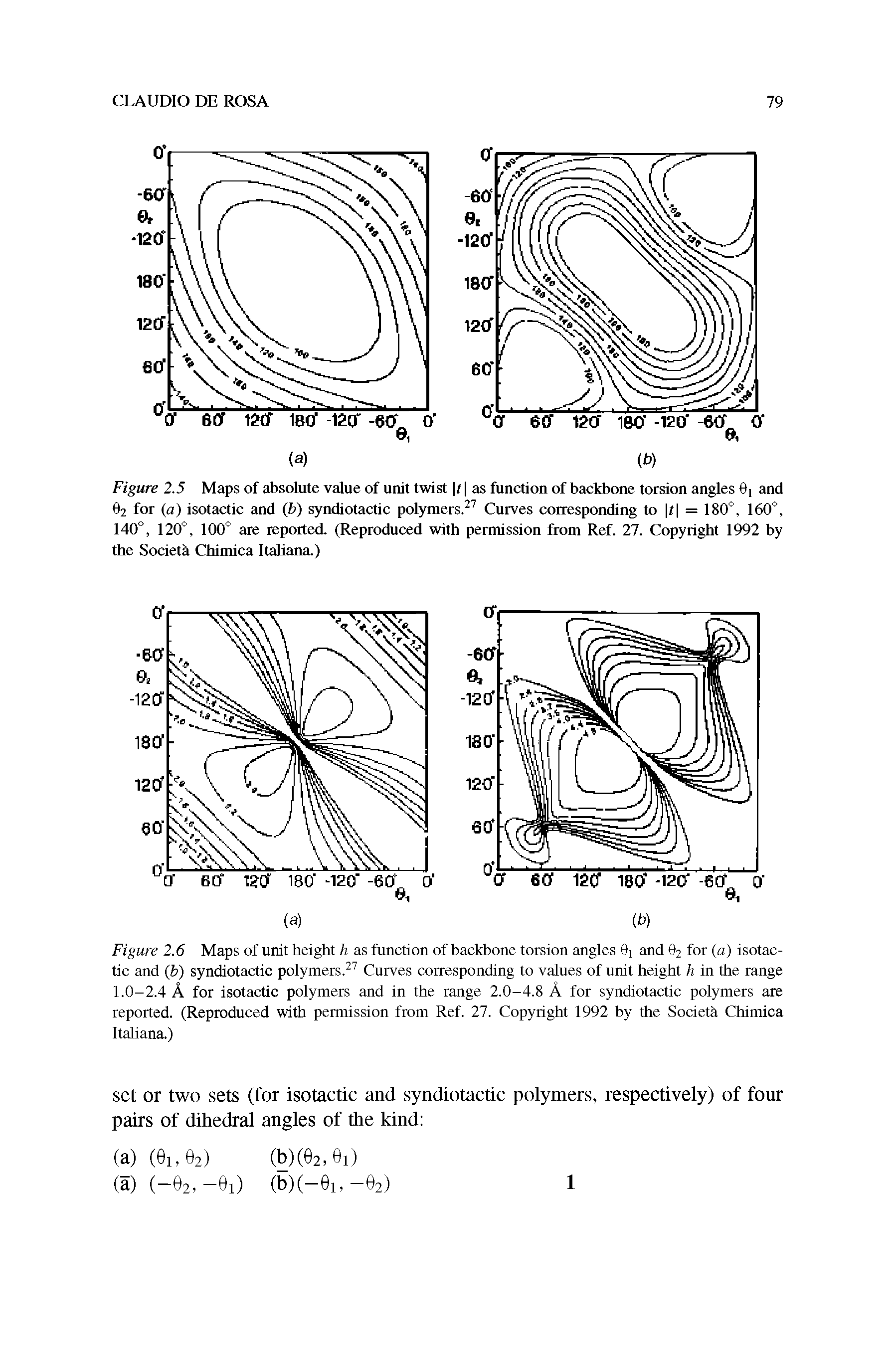 Figure 2.5 Maps of absolute value of unit twist t as function of backbone torsion angles 0, and 62 for (a) isotactic and (b) syndiotactic polymers.27 Curves corresponding to t = 180°, 160°, 140°, 120°, 100° are reported. (Reproduced with permission from Ref. 27. Copyright 1992 by the Society Chimica Italiana.)...