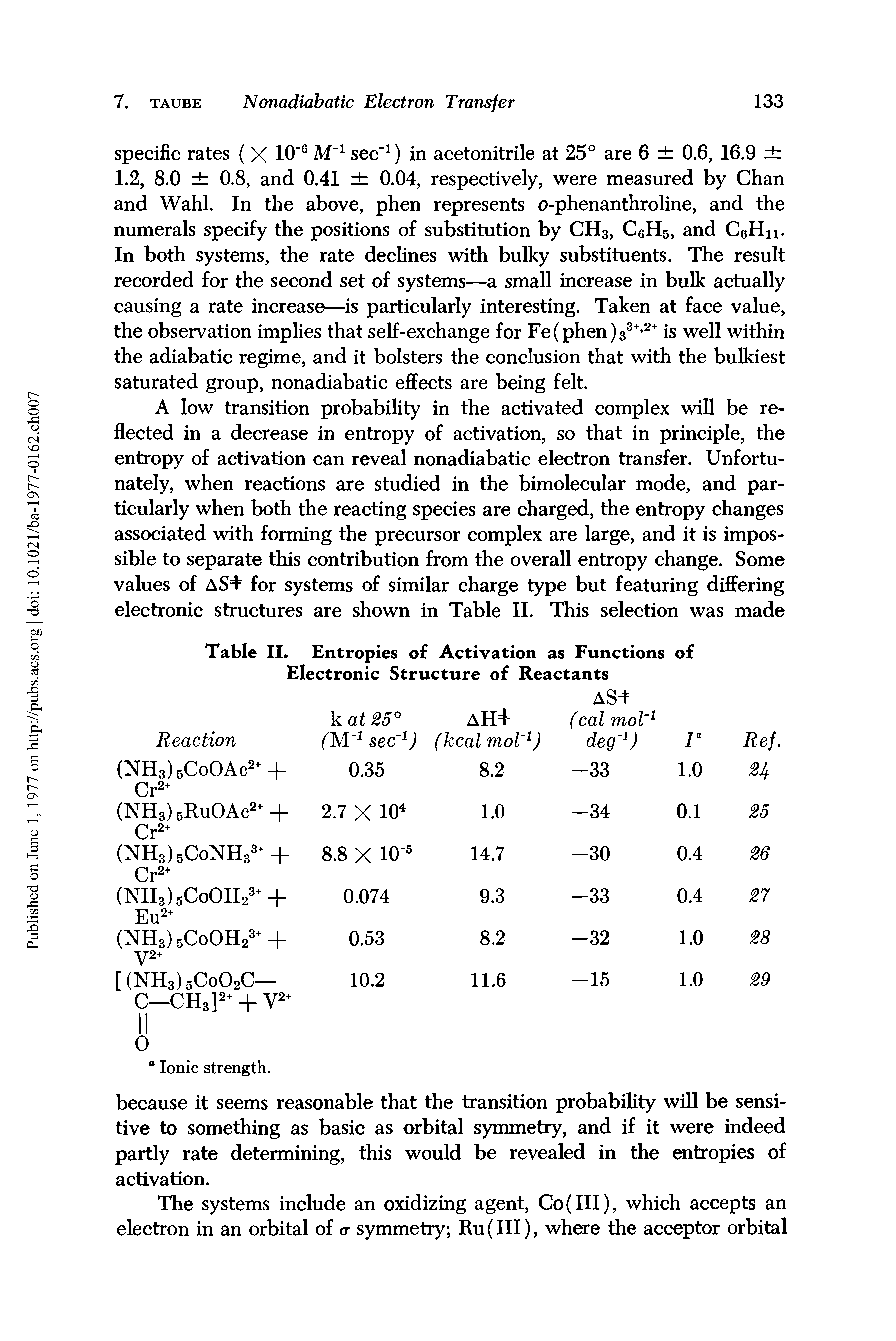 Table II. Entropies of Activation as Functions of Electronic Structure of Reactants...