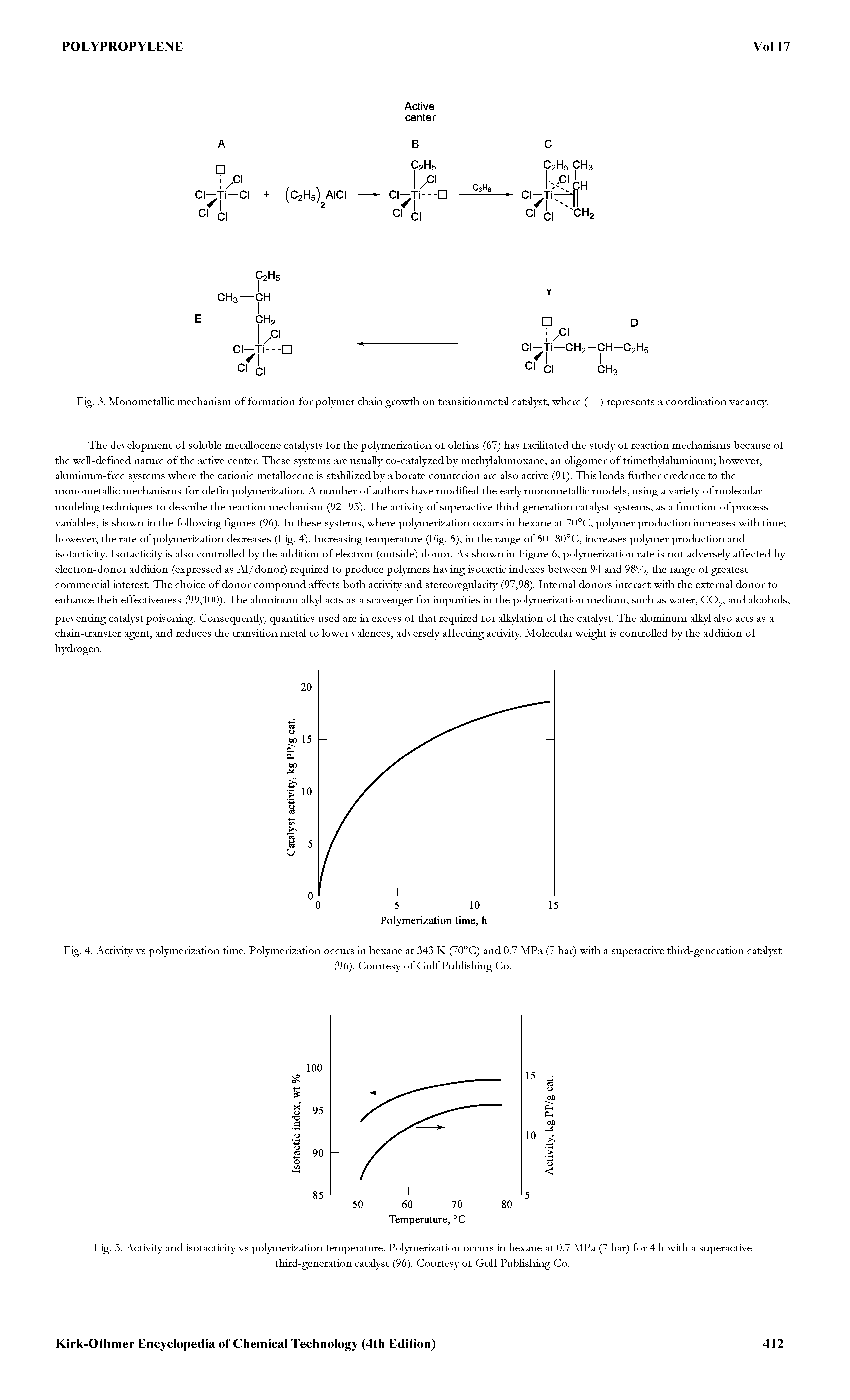 Fig. 5. Activity and isotacticity vs polymerization temperature. Polymerization occurs in hexane at 0.7 MPa (7 bat) for 4 h with a superactive...