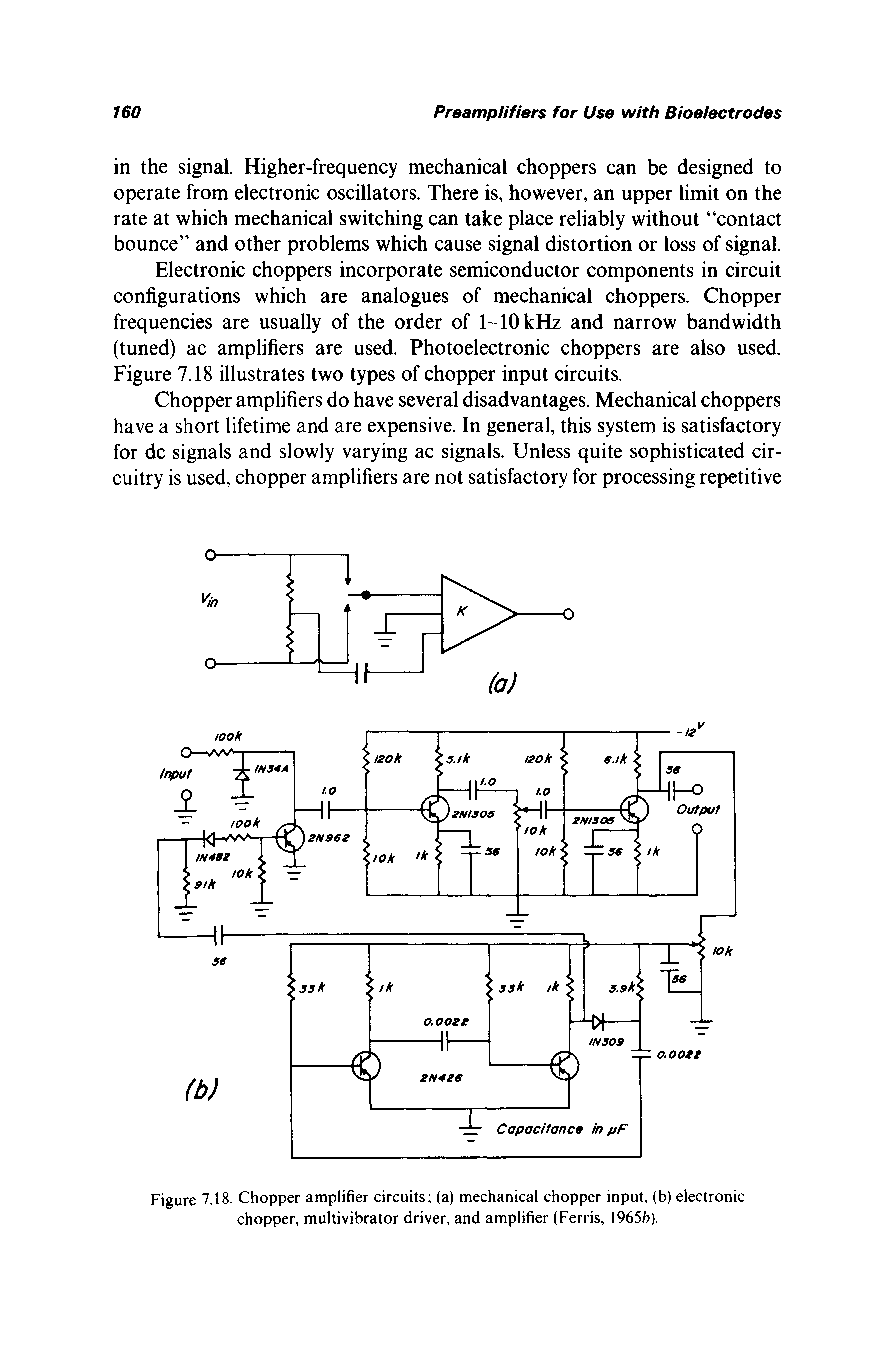 Figure 7.18. Chopper amplifier circuits (a) mechanical chopper input, (b) electronic chopper, multivibrator driver, and amplifier (Ferris, 1965fi).