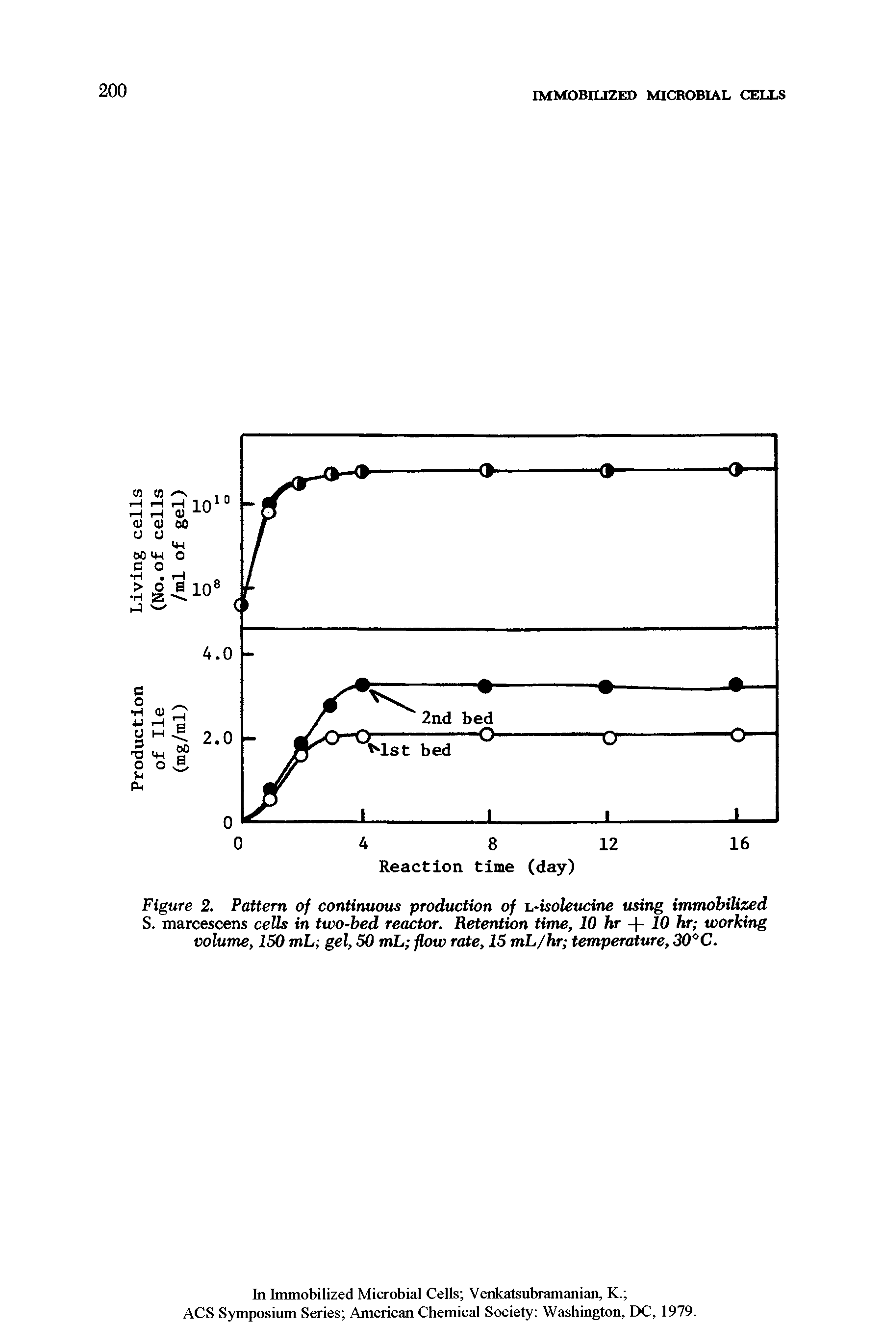 Figure 2. Pattern of continuous production of L-isoleucine using immobilized S. marcescens cells in two-bed reactor. Retention time, 10 hr + 10 hr working volume, 150 mL gel, 50 mL flow rate, 15 mL/hr temperature, 30°C.
