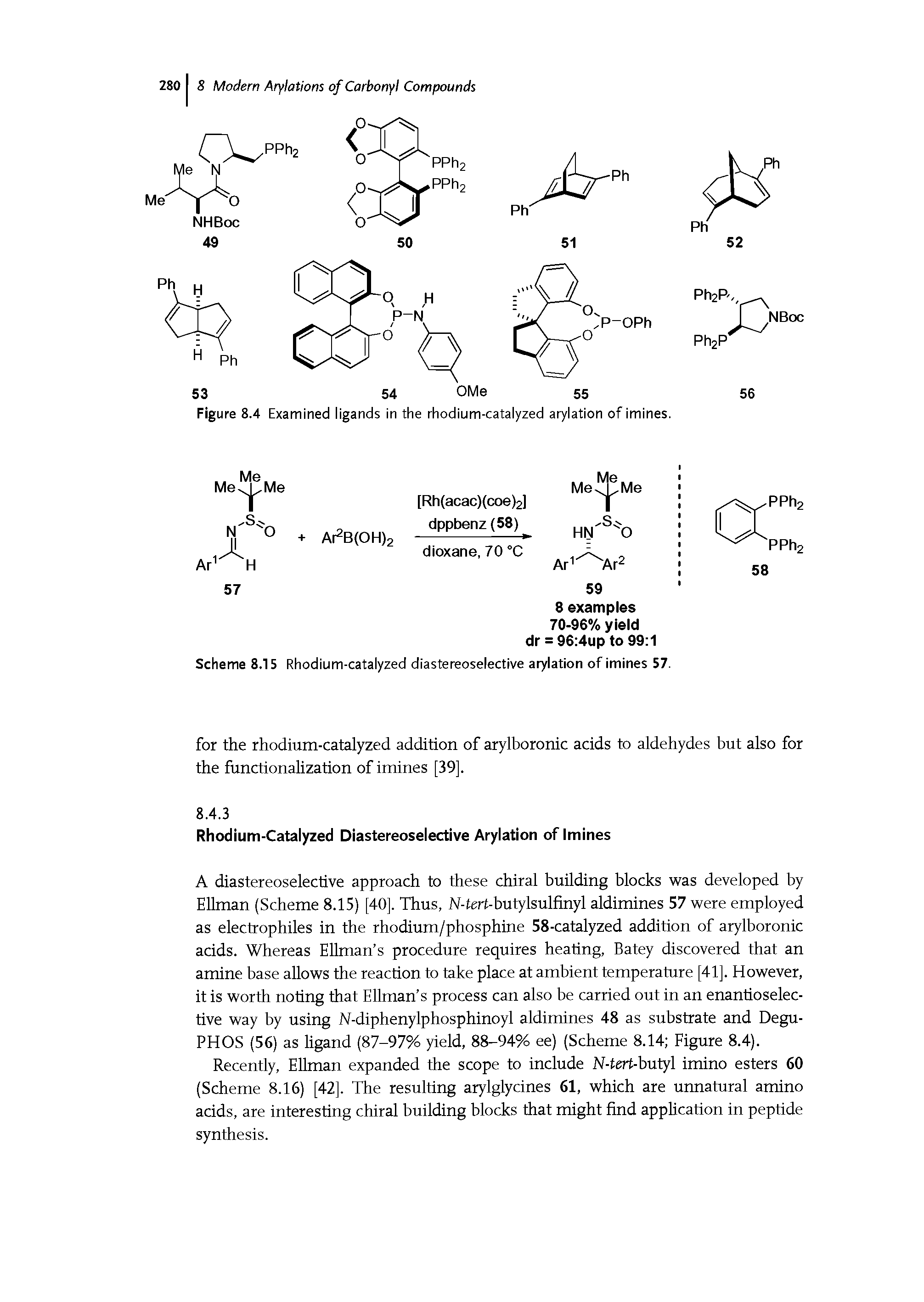 Scheme 8.15 Rhodium-catalyzed diastereoselective arylation of imines 57.