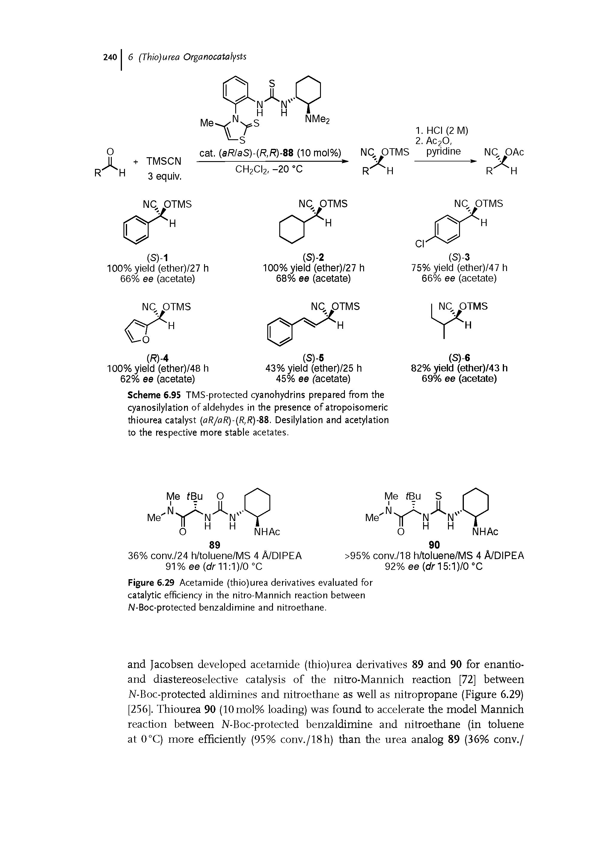 Scheme 6.95 TMS-protected cyanohydrins prepared from the cyanosilylation of aidehydes in the presence of atropoisomeric thiourea catalyst (aR/aR)-(R,R)-ZZ. Desilylation and acetylation to the respective more stable acetates.