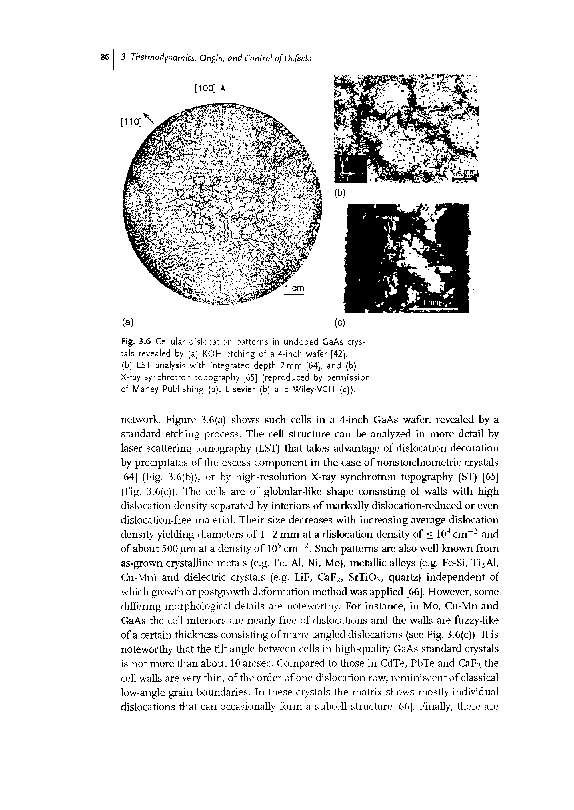 Fig. 3.6 Cellular dislocation patterns in undoped GaAs crystals revealed by (a) KOH etching of a 4-inch wafer [42],...