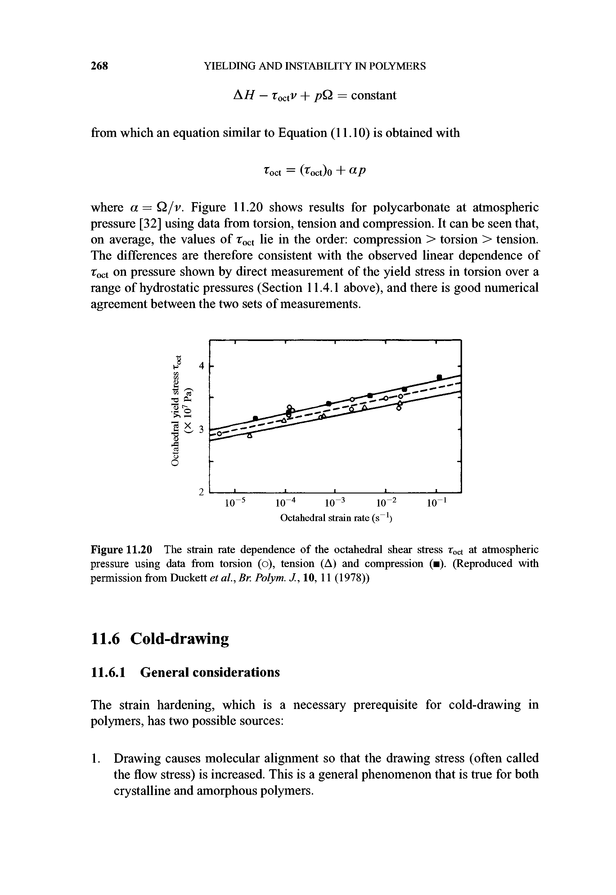 Figure 11.20 The strain rate dependence of the octahedral shear stress Toct at atmospheric pressure using data from torsion (o), tension (A) and compression ( ). (Reproduced with permission from Duckett et al., Br. Polym. J., 10, 11 (1978))...