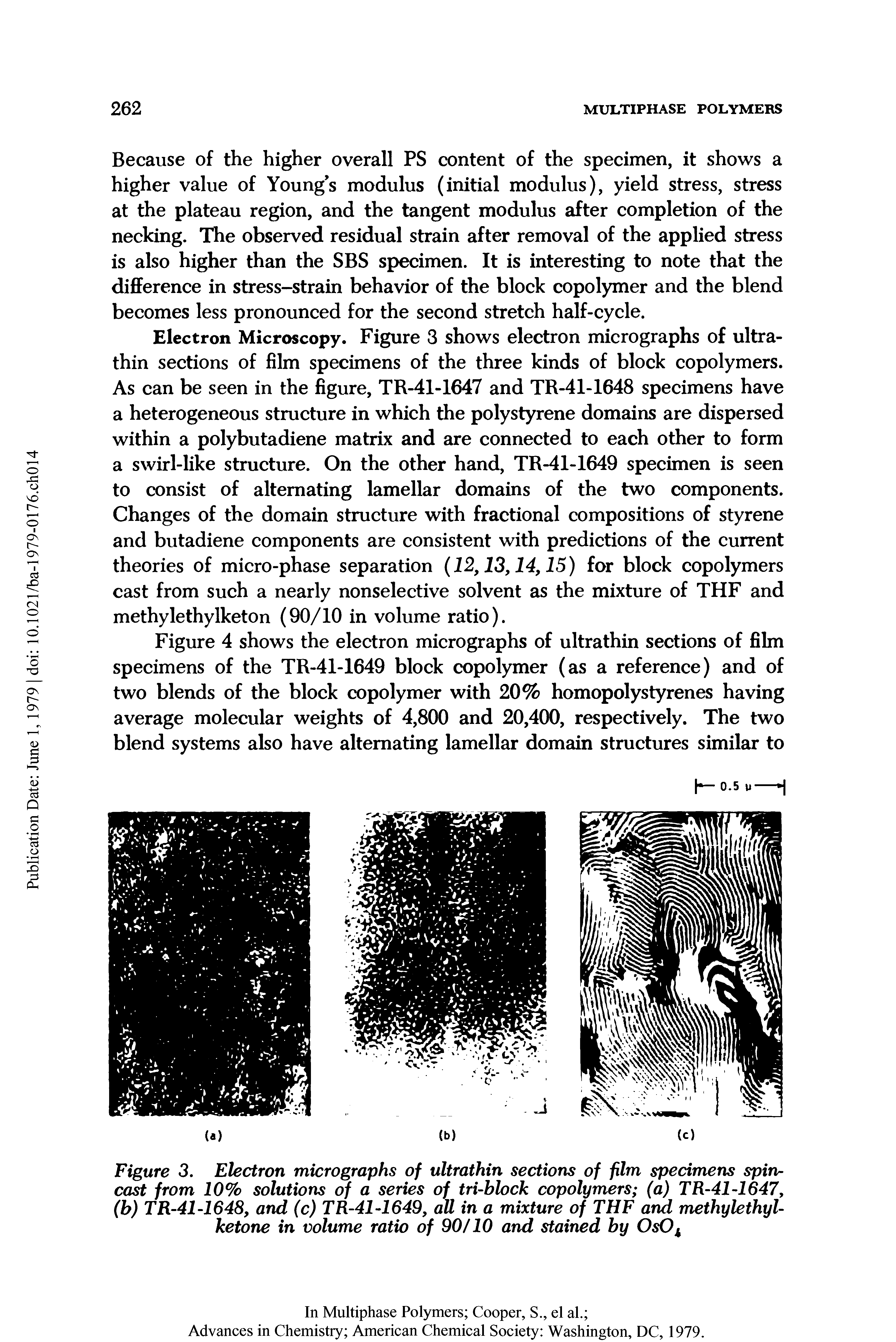 Figure 3. Electron micrographs of ultrathin sections of film specimens spin-cast from 10% solutions of a series of tri-block copolymers (a) TR-41-1647, (b) TR-41-1648, and (c) TR-41-1649, all in a mixture of THF and methylethyl-ketone in volume ratio of 90/10 and stained by OsOA...