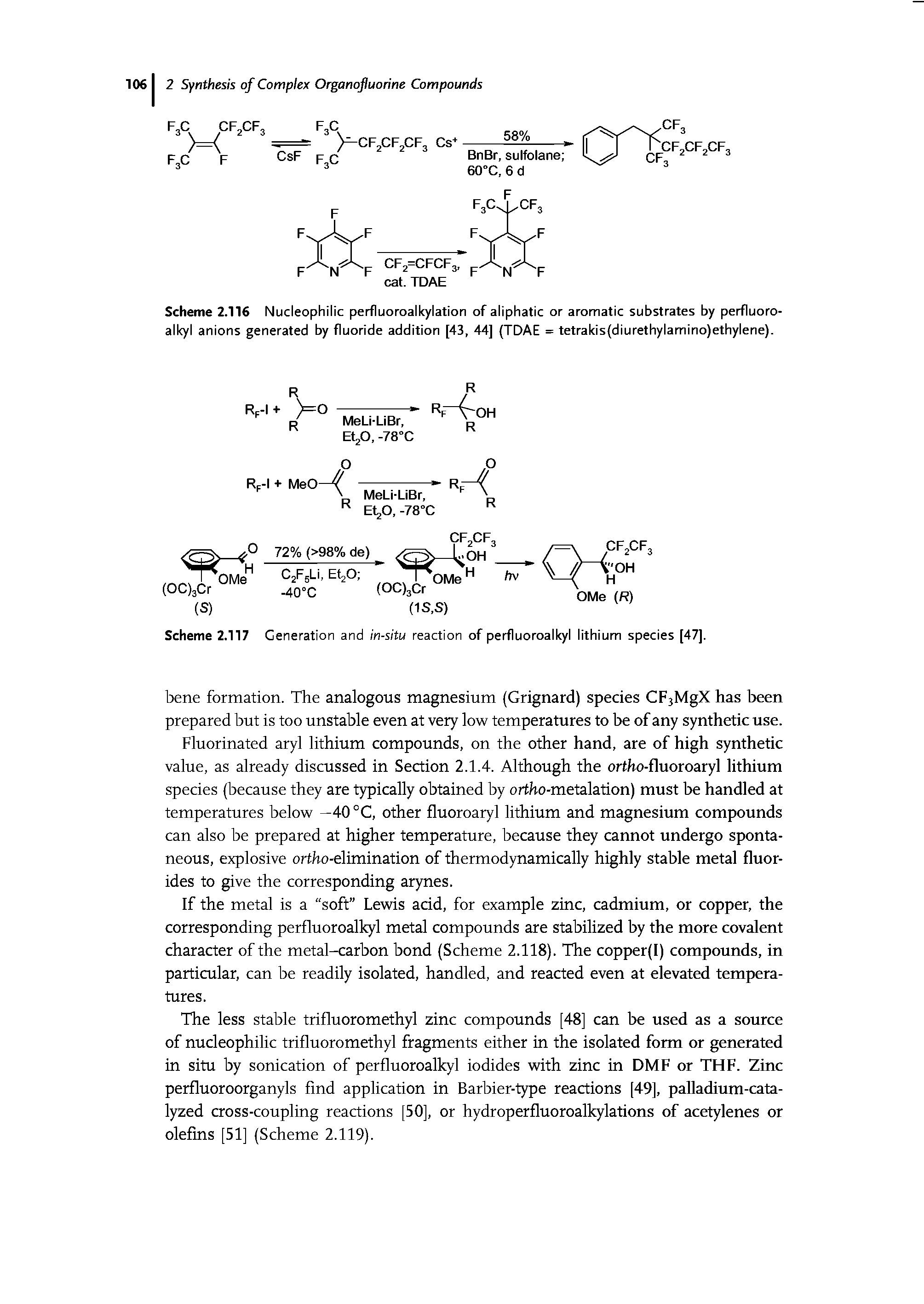 Scheme 2.116 Nucleophilic perfluoroalkylation of aliphatic or aromatic substrates by perfluoroalkyl anions generated by fluoride addition [43, 44] (TDAE = tetrakis(diurethylamino)ethylene).