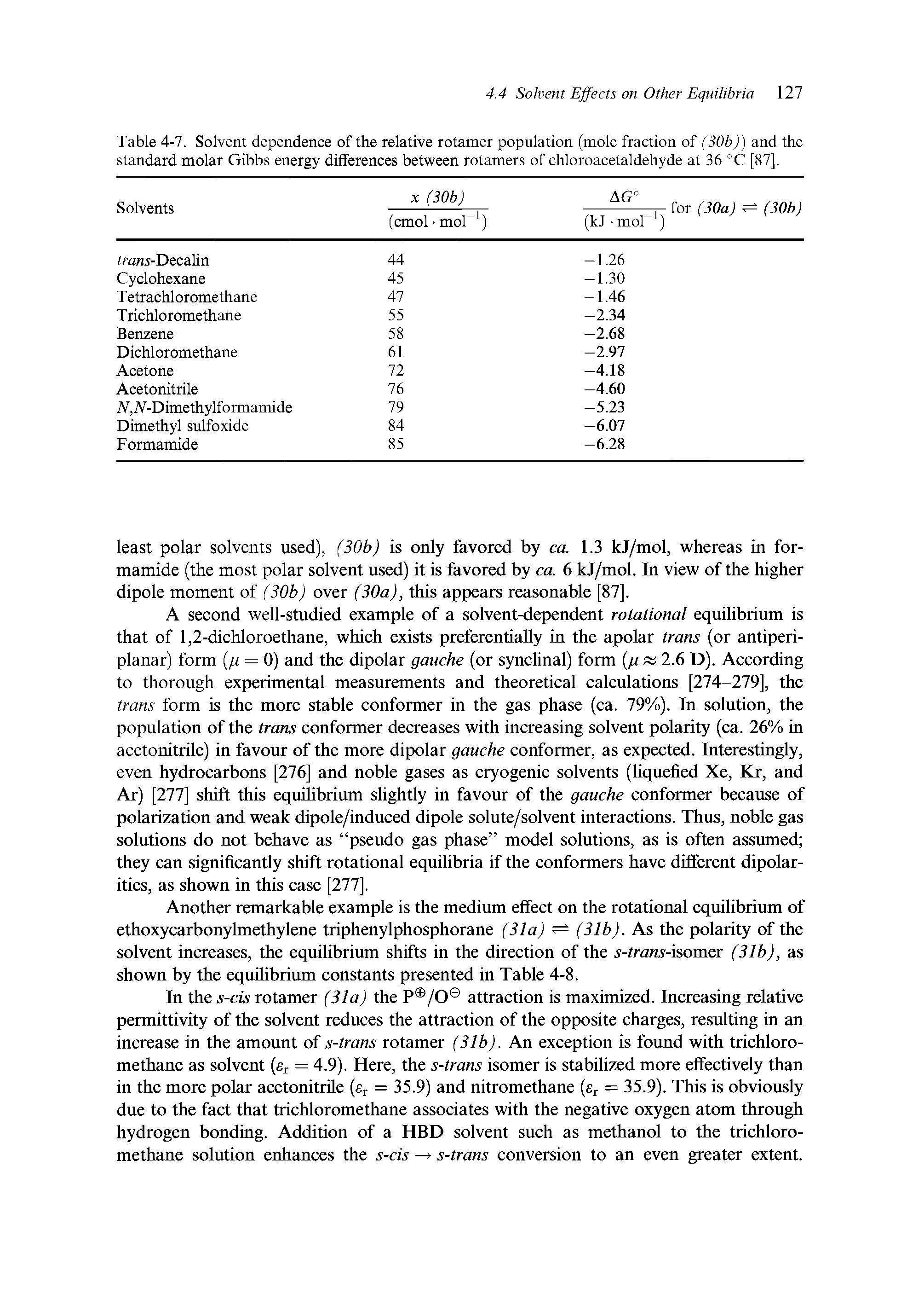 Table 4-7. Solvent dependence of the relative rotamer population (mole fraction of (30b)) and the standard molar Gibbs energy differences between rotamers of chloroacetaldehyde at 36 °C [87],...