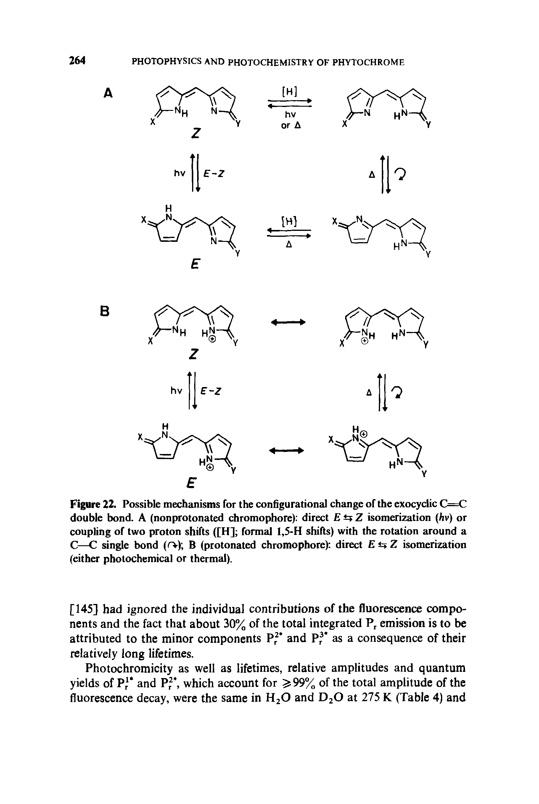 Figure 22. Possible mechanisms for the configurational change of the exocyclic C=C double bond. A (nonprotonated chromophore) direct E Z isomerization (/tv) or coupling of two proton shifts ([H] formal I,5-H shifts) with the rotation around a C—C single bond (r>) B (protonated chromophore) direct E Z isomerization (either photochemical or thermal).