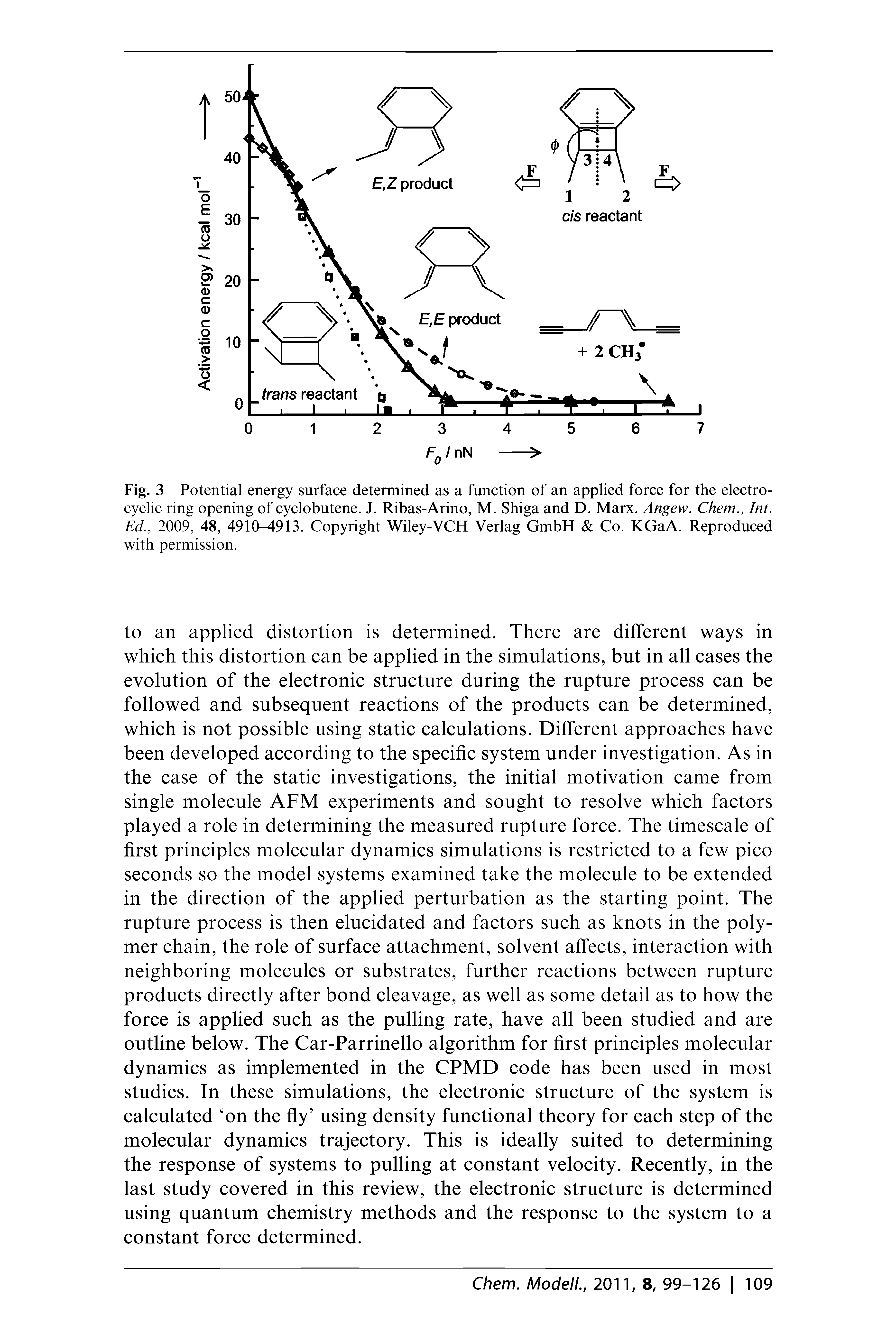 Fig. 3 Potential energy surface determined as a function of an applied force for the electro-cyclic ring opening of cyclobutene. J. Ribas-Arino, M. Shiga and D. Marx. Angew. Chem., Int. Ed., 2009, 48, 4910-4913. Copyright Wiley-VCH Verlag GmbH Co. KGaA. Reproduced with permission.
