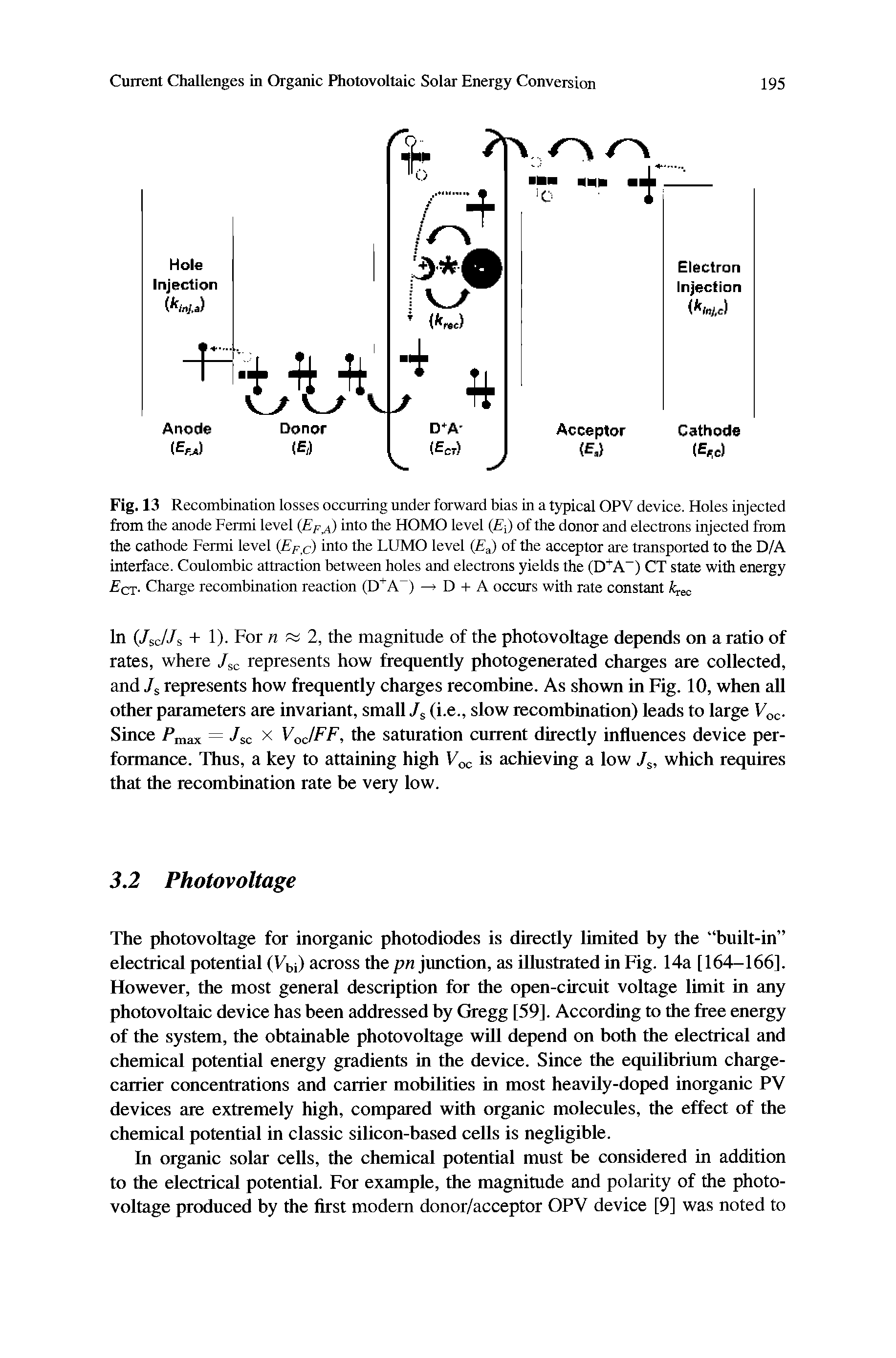 Fig. 13 Recombination losses occurring under forward bias in a typical OPV device. Holes injected from the anode Fermi level into the HOMO level ( ) of the donor and electrons injected from the cathode Fermi level ( f,c) into the LUMO level ( J of the acceptor are transported to the D/A interface. Coulombic attraction between holes and electrons yields the (D A ) CT state with energy Ect- Charge recombination reaction (D A ) D + A occurs with rate constant...