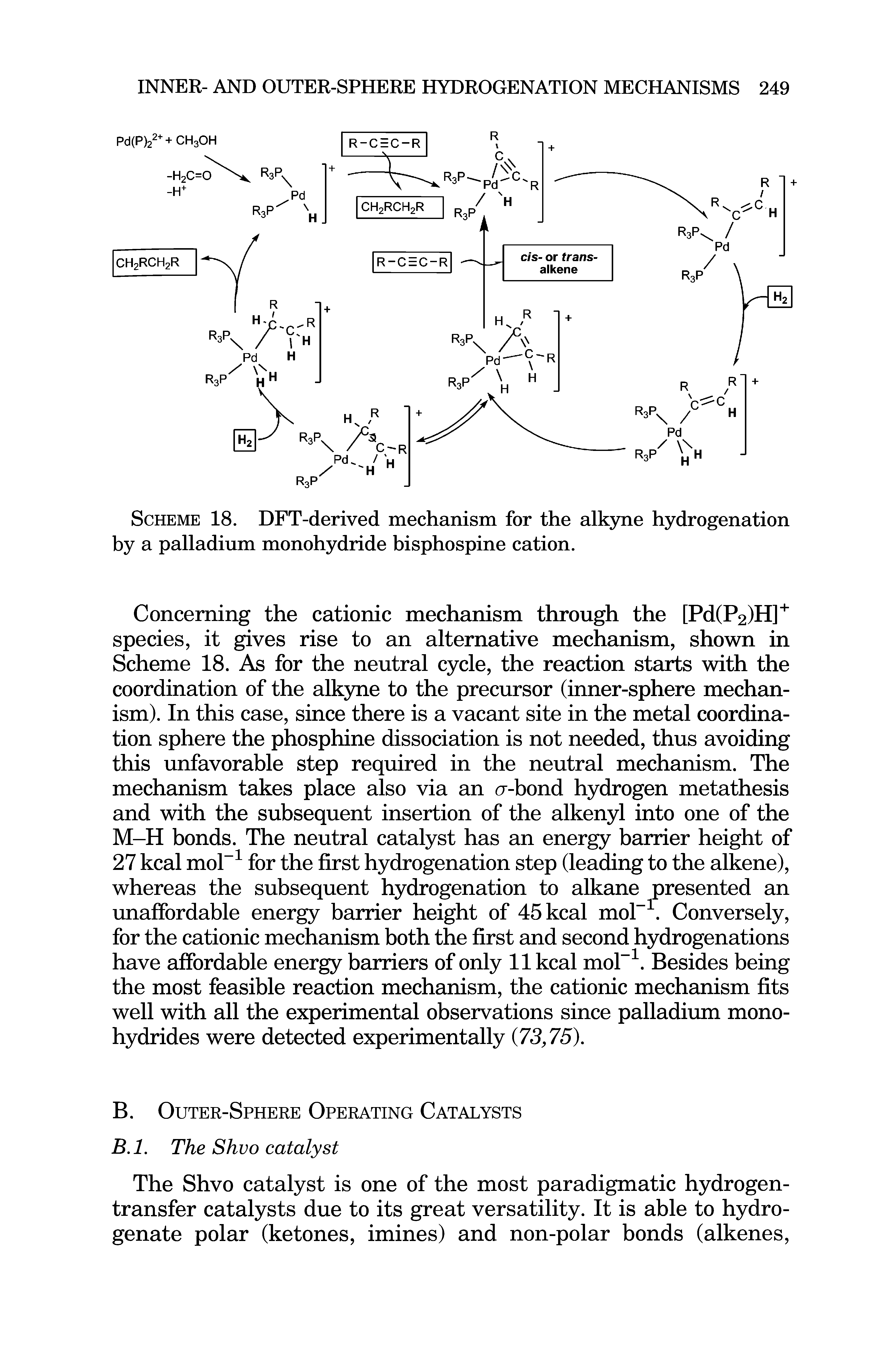 Scheme 18. DFT-derived mechanism for the alkyne hydrogenation by a palladium monohydride bisphospine cation.